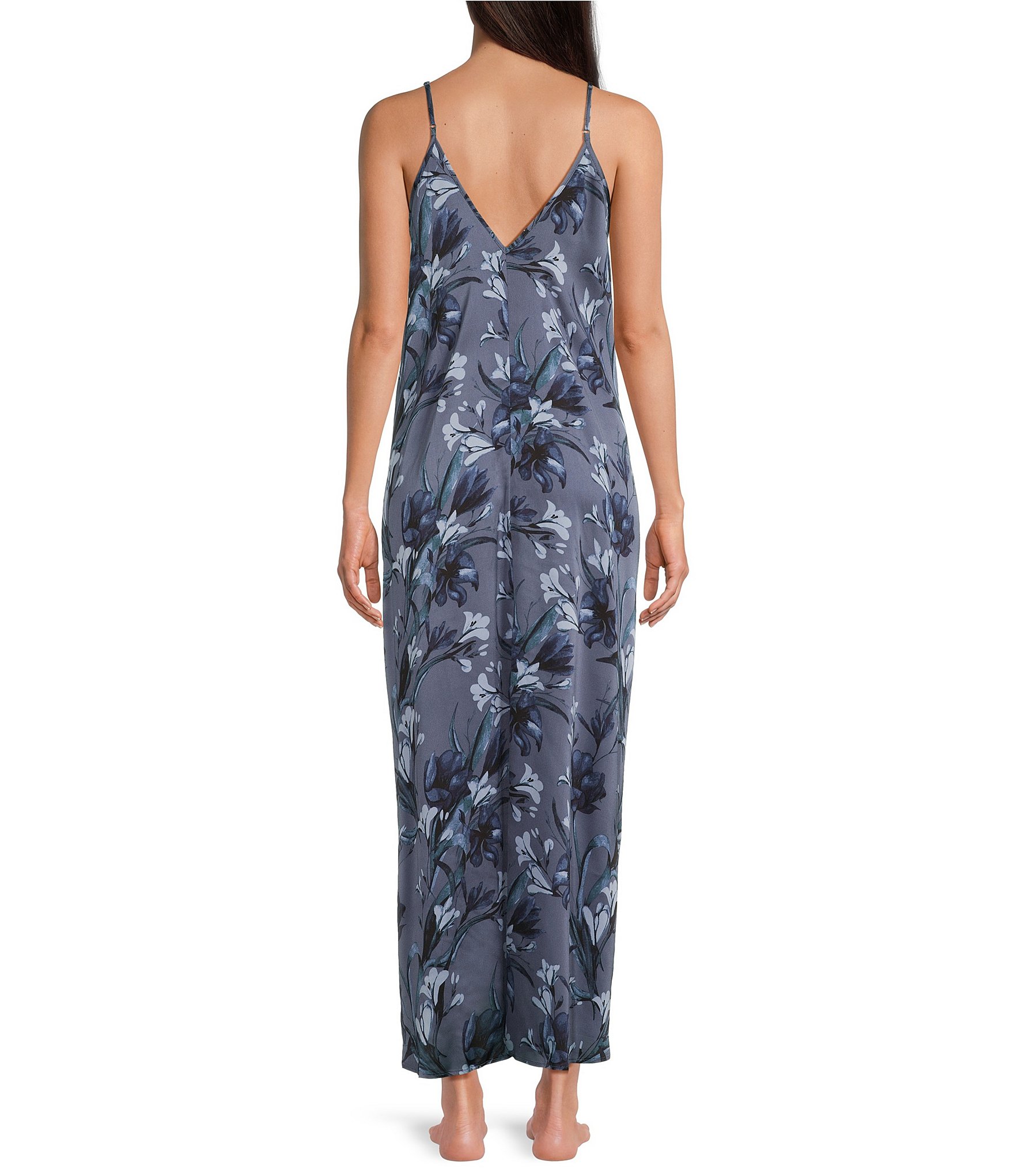 VAN WINKLE & CO. Lily Print Sleeveless V Neck Woven Satin Maxi Chemise