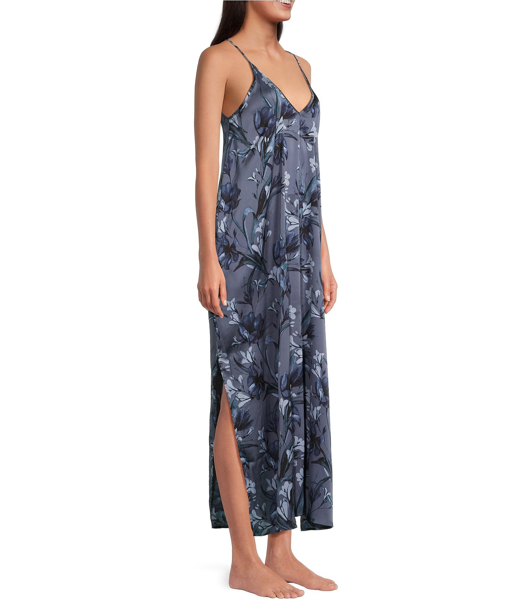 VAN WINKLE & CO. Lily Print Sleeveless V Neck Woven Satin Maxi Chemise