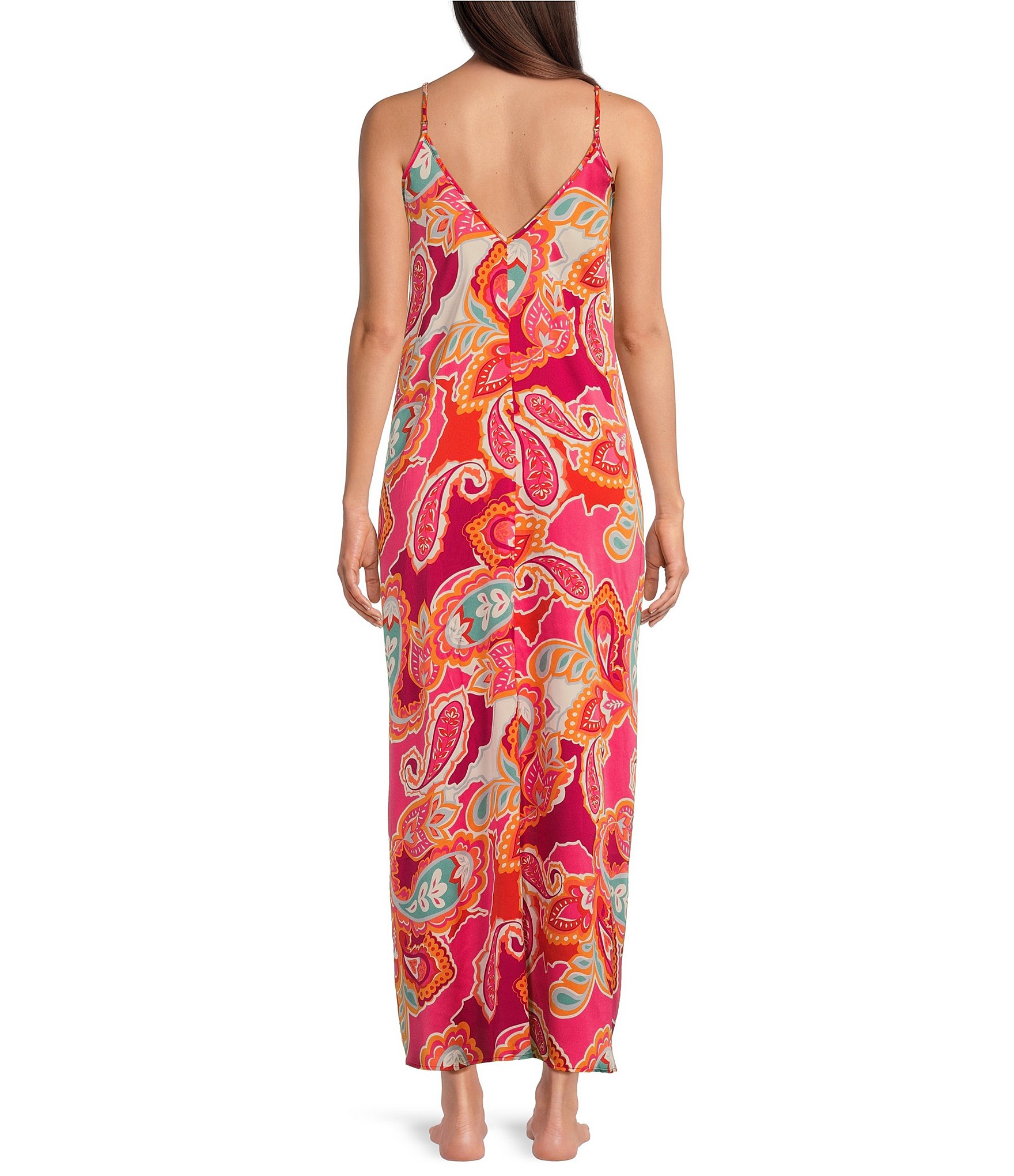 VAN WINKLE & CO. Paisley Print Sleeveless V Neck Woven Satin Maxi Chemise