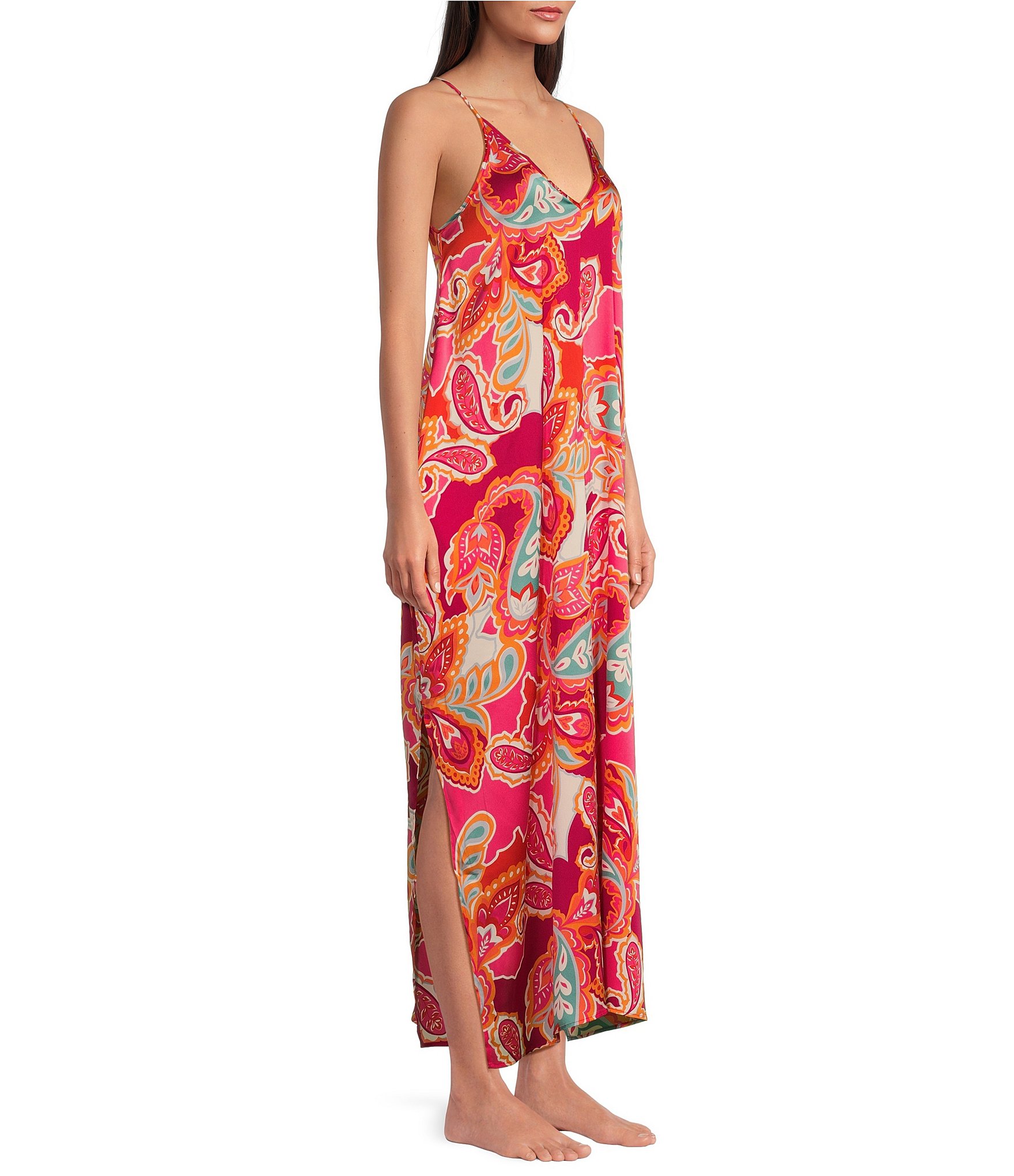 VAN WINKLE & CO. Paisley Print Sleeveless V Neck Woven Satin Maxi Chemise