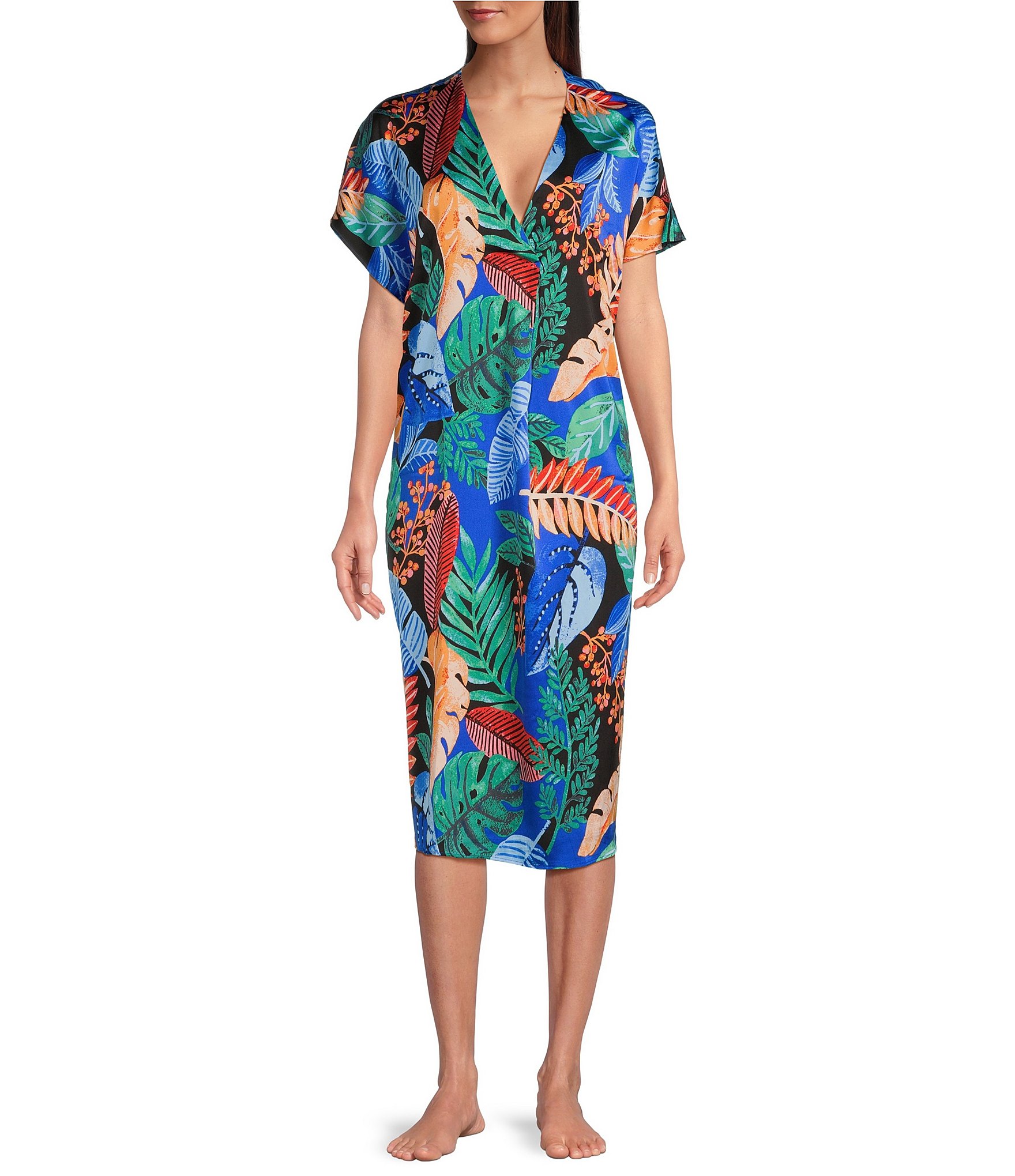 VAN WINKLE & CO. Palm Print V-Neck Short Dolman Sleeve Satin Midi Caftan