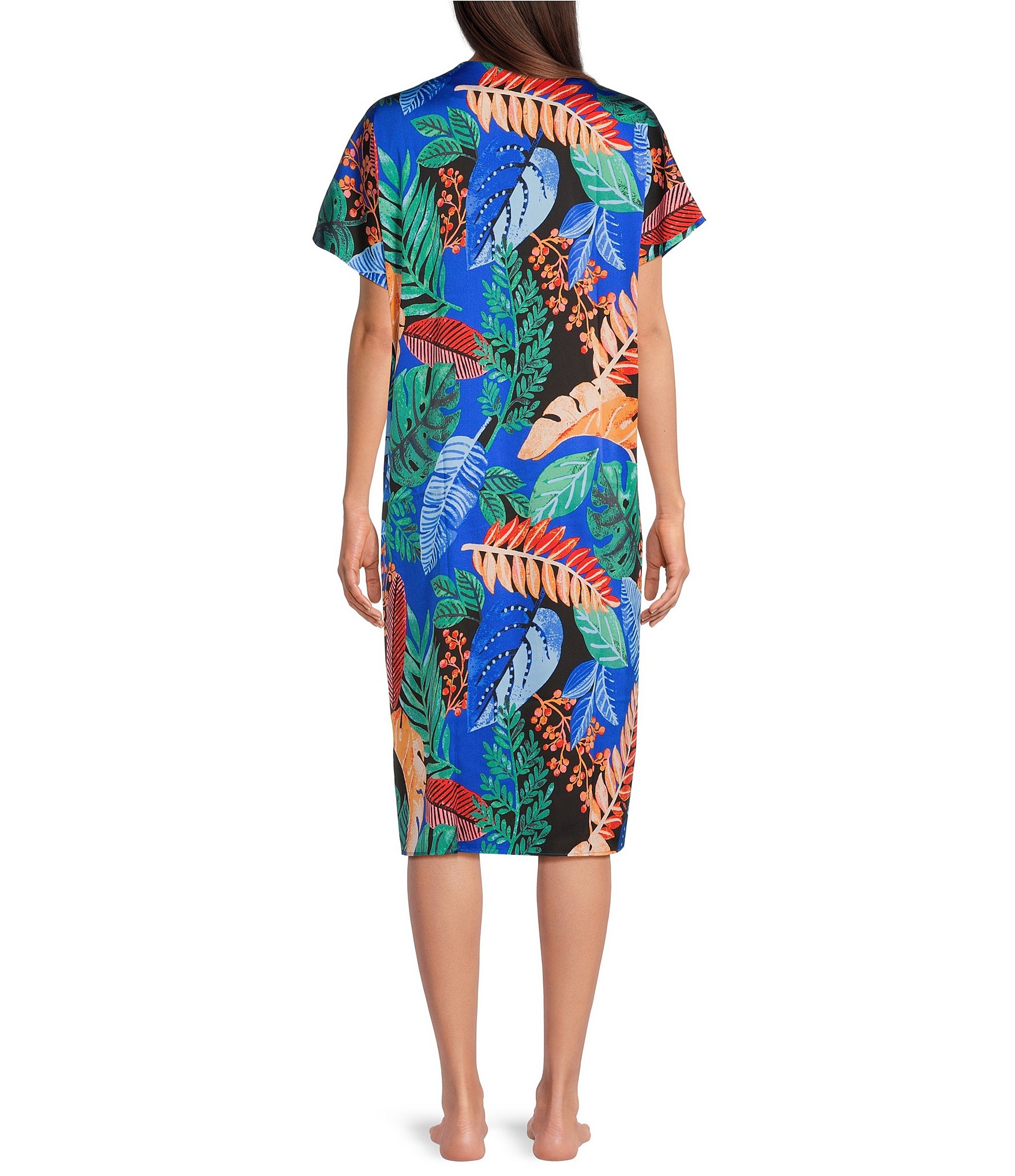 VAN WINKLE & CO. Palm Print V-Neck Short Dolman Sleeve Satin Midi Caftan