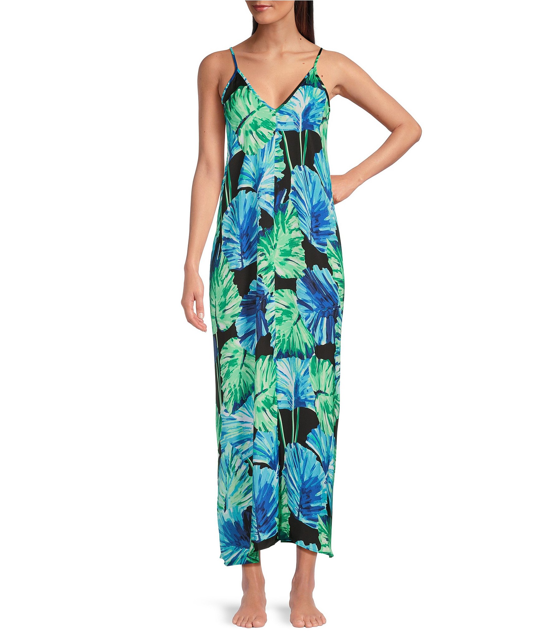 VAN WINKLE & CO. Palm Print Woven Satin Sleeveless V-Neck Maxi Chemise ...