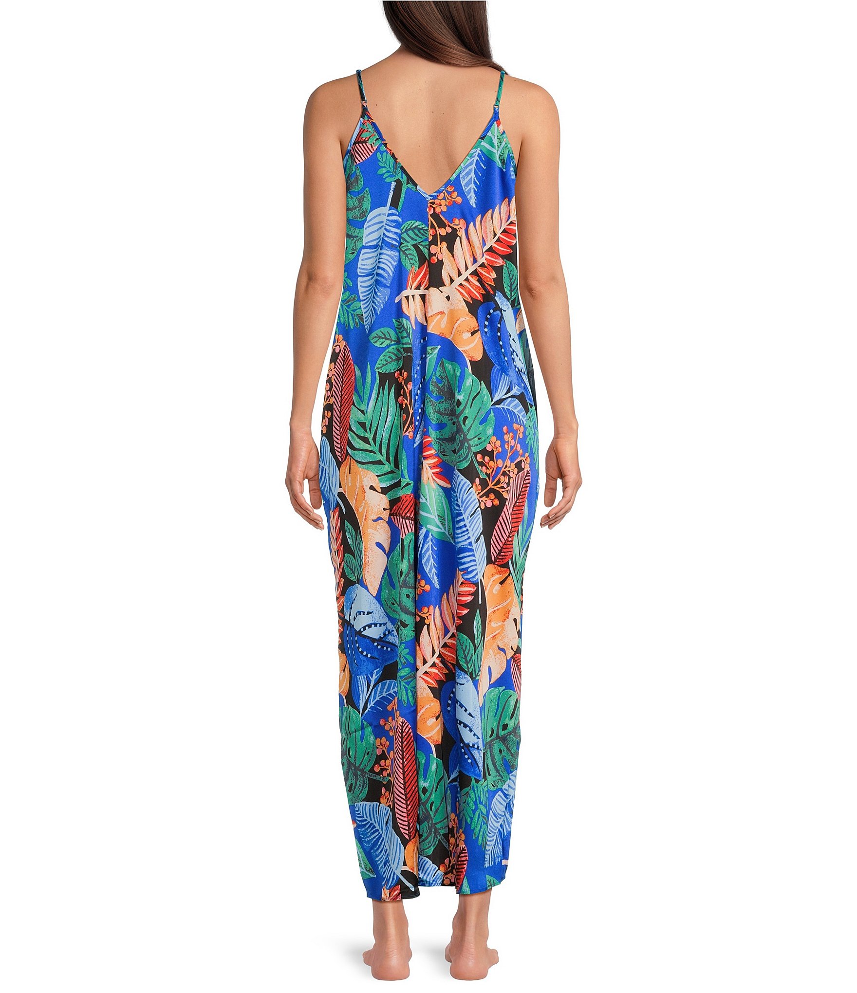 VAN WINKLE & CO. Palm Print Woven Satin V-Neck Sleeveless Maxi Chemise