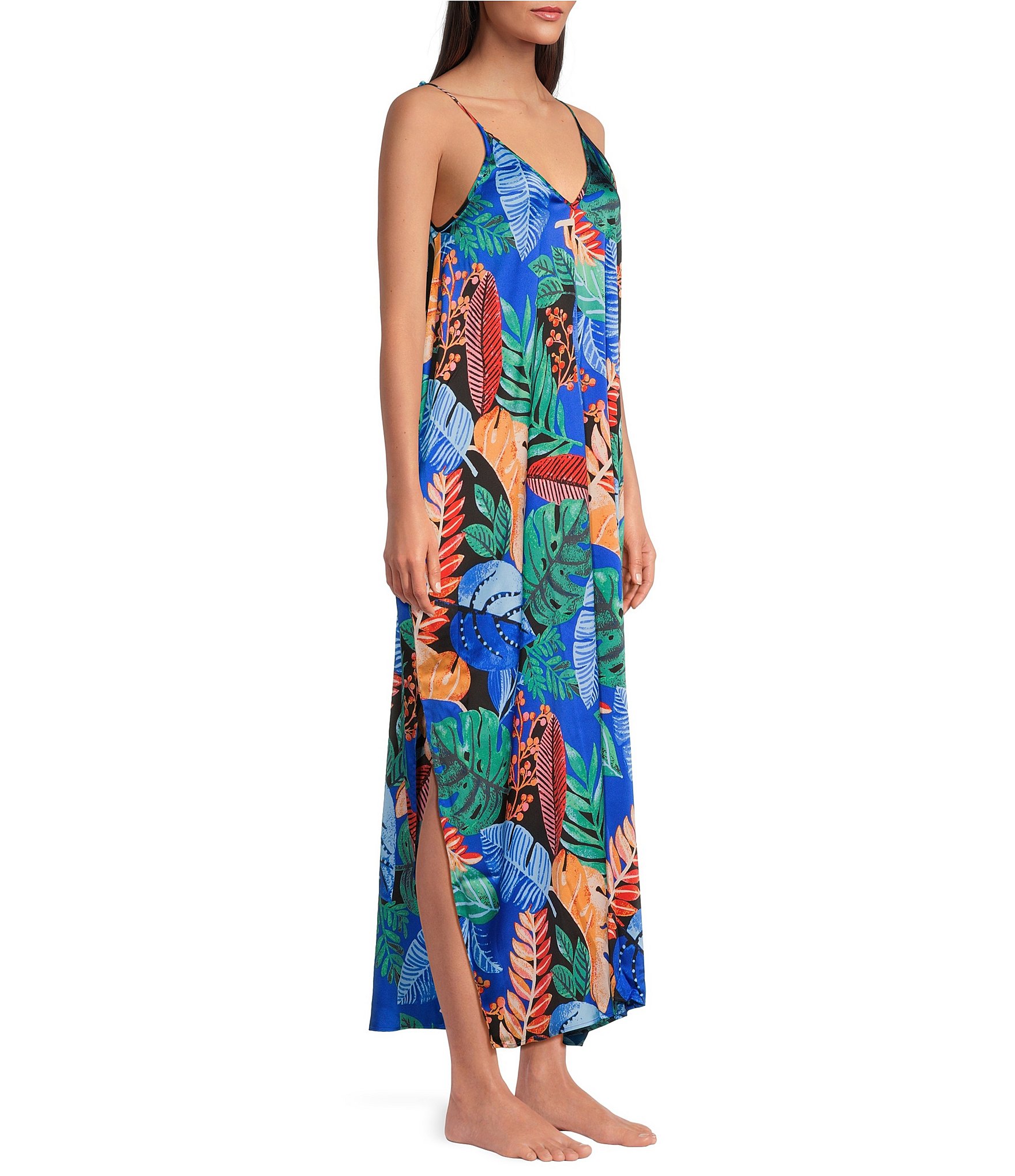 VAN WINKLE & CO. Palm Print Woven Satin V-Neck Sleeveless Maxi Chemise