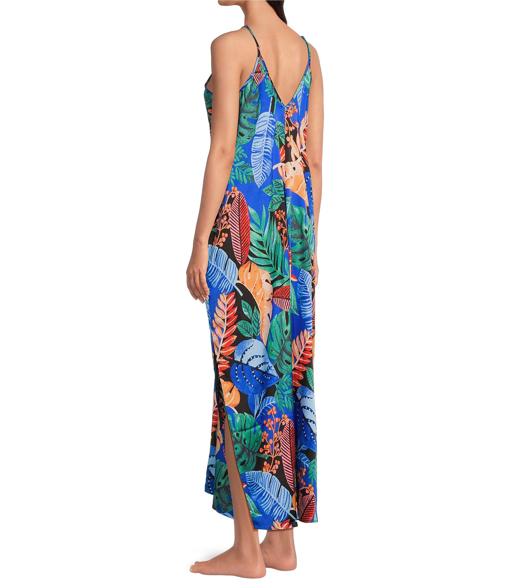 VAN WINKLE & CO. Palm Print Woven Satin V-Neck Sleeveless Maxi Chemise