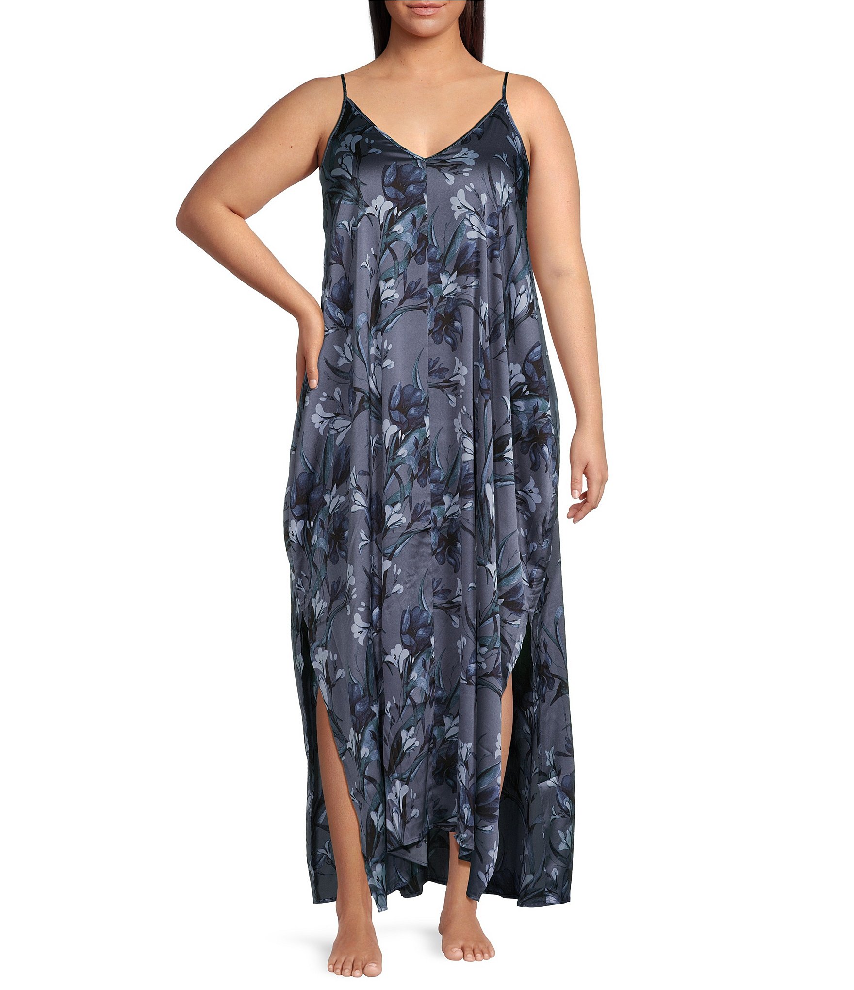 VAN WINKLE & CO. Plus Size Lily Print Sleeveless V Neck Woven Satin Maxi Chemise