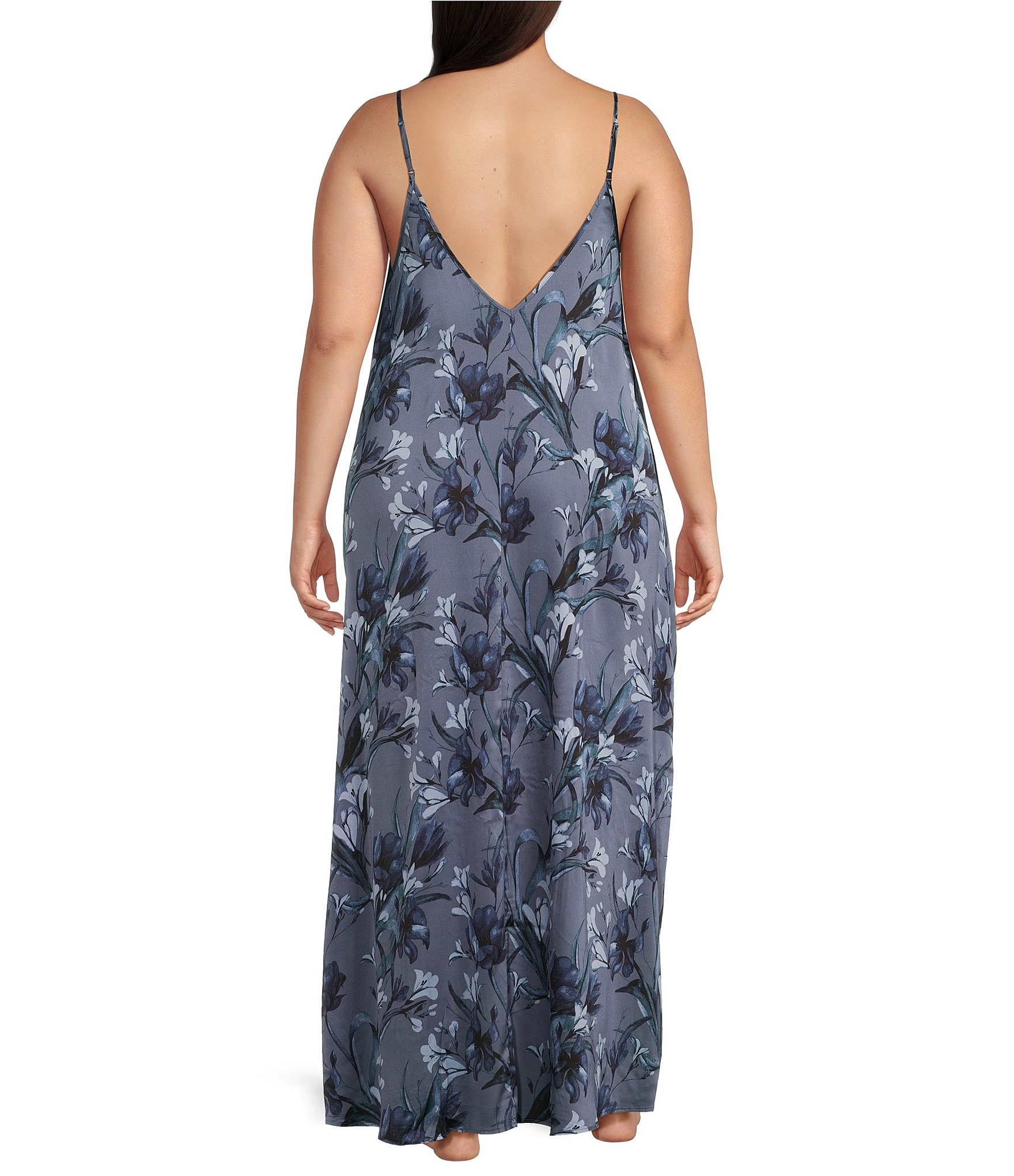 VAN WINKLE & CO. Plus Size Lily Print Sleeveless V Neck Woven Satin Maxi Chemise