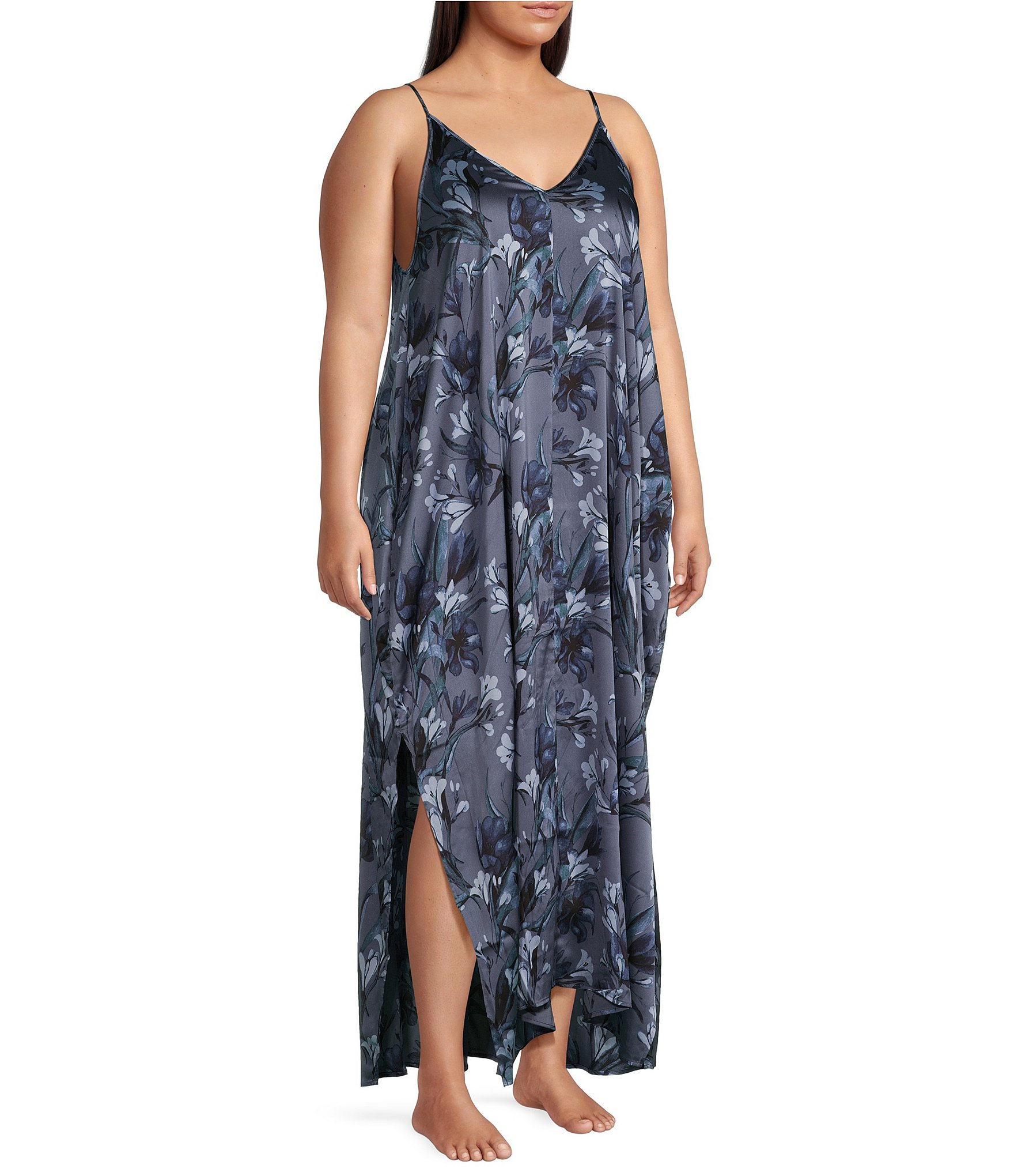 VAN WINKLE & CO. Plus Size Lily Print Sleeveless V Neck Woven Satin Maxi Chemise