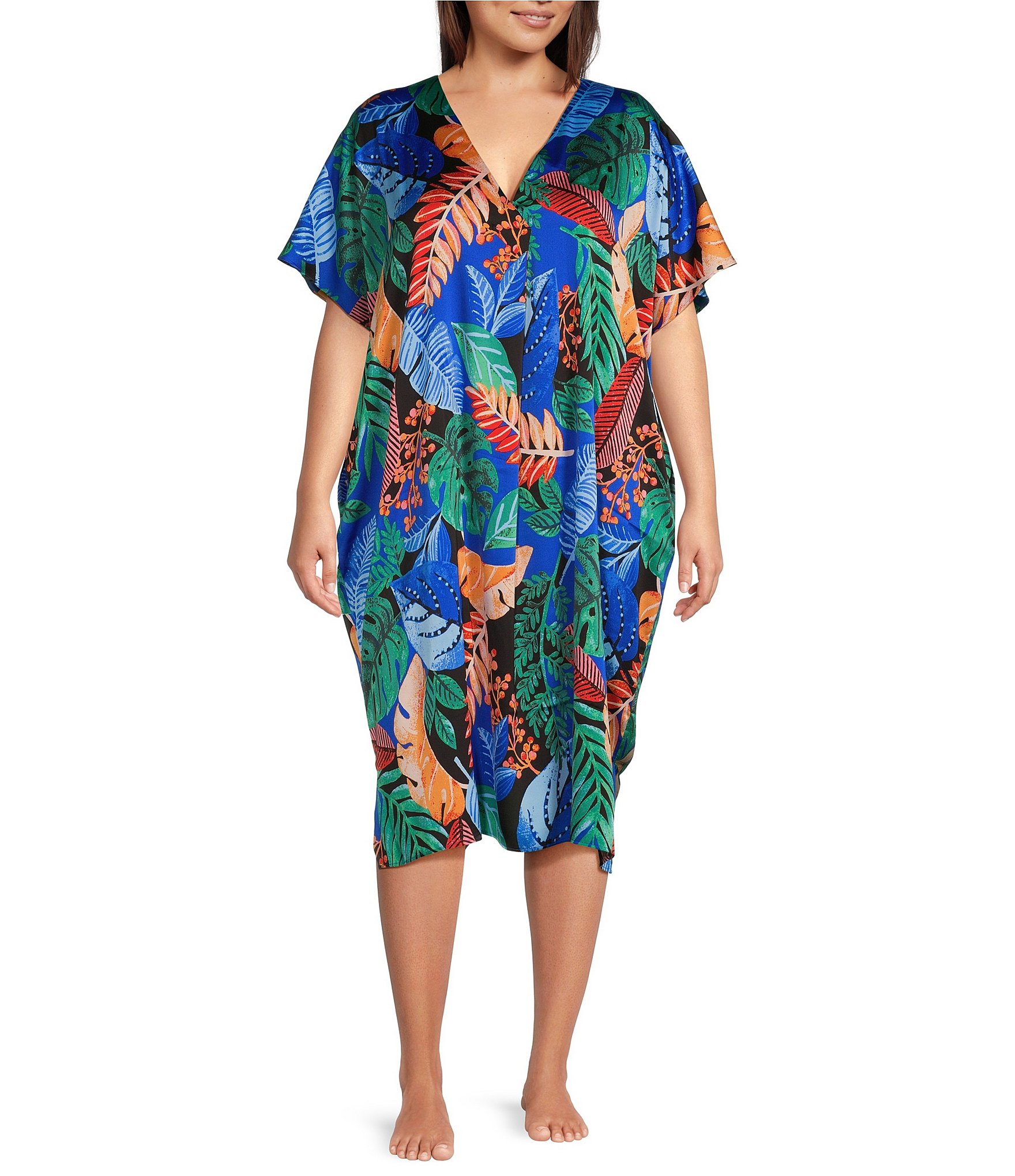 VAN WINKLE & CO. Plus Size Palm Print V-Neck Short Dolman Sleeve Satin Midi Caftan