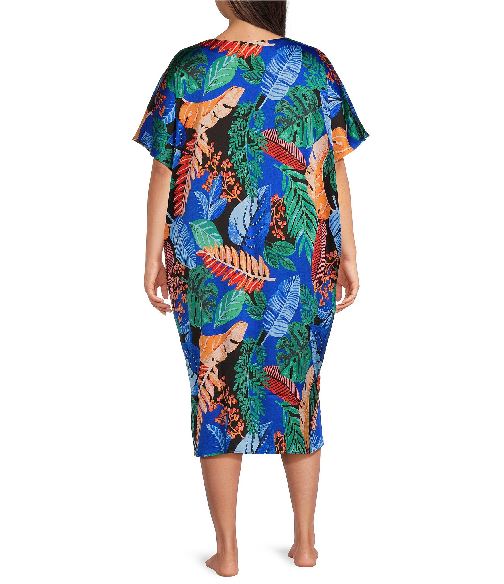 VAN WINKLE & CO. Plus Size Palm Print V-Neck Short Dolman Sleeve Satin Midi Caftan