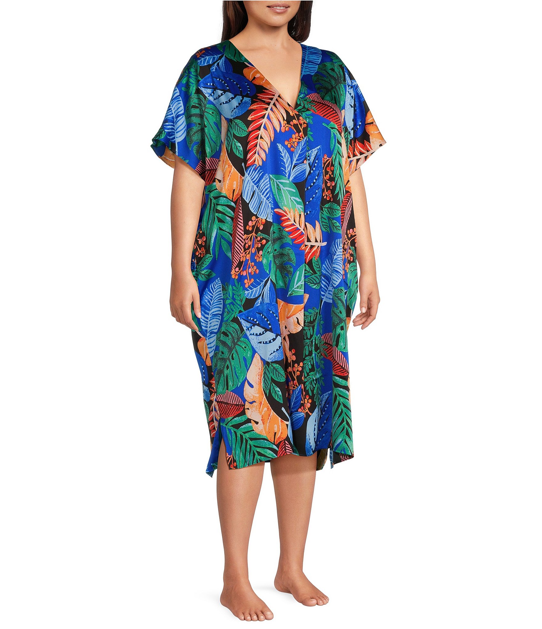 VAN WINKLE & CO. Plus Size Palm Print V-Neck Short Dolman Sleeve Satin Midi Caftan