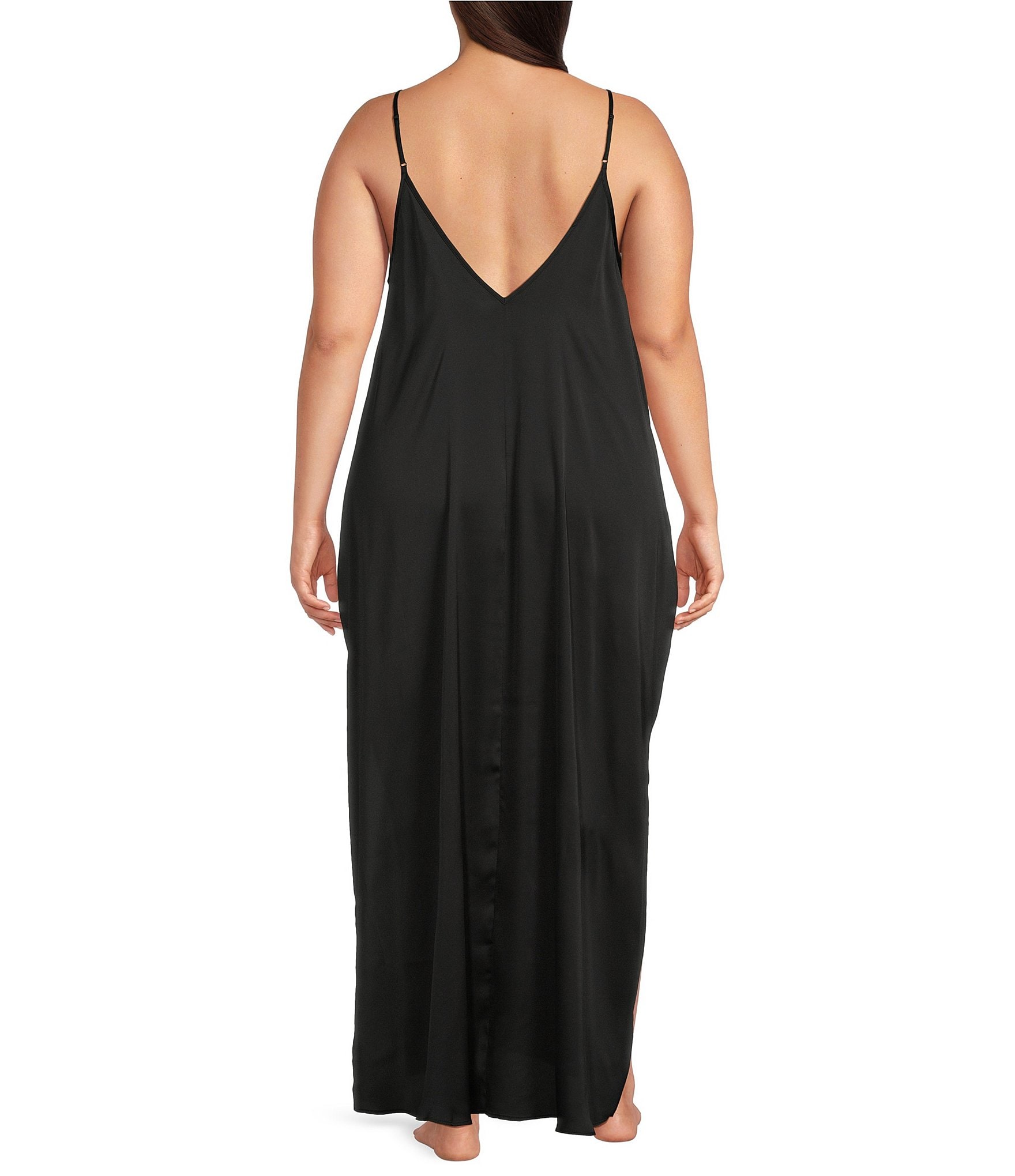 VAN WINKLE & CO. Plus Size Solid Satin Sleeveless V-Neck Side Pocket Maxi Chemise