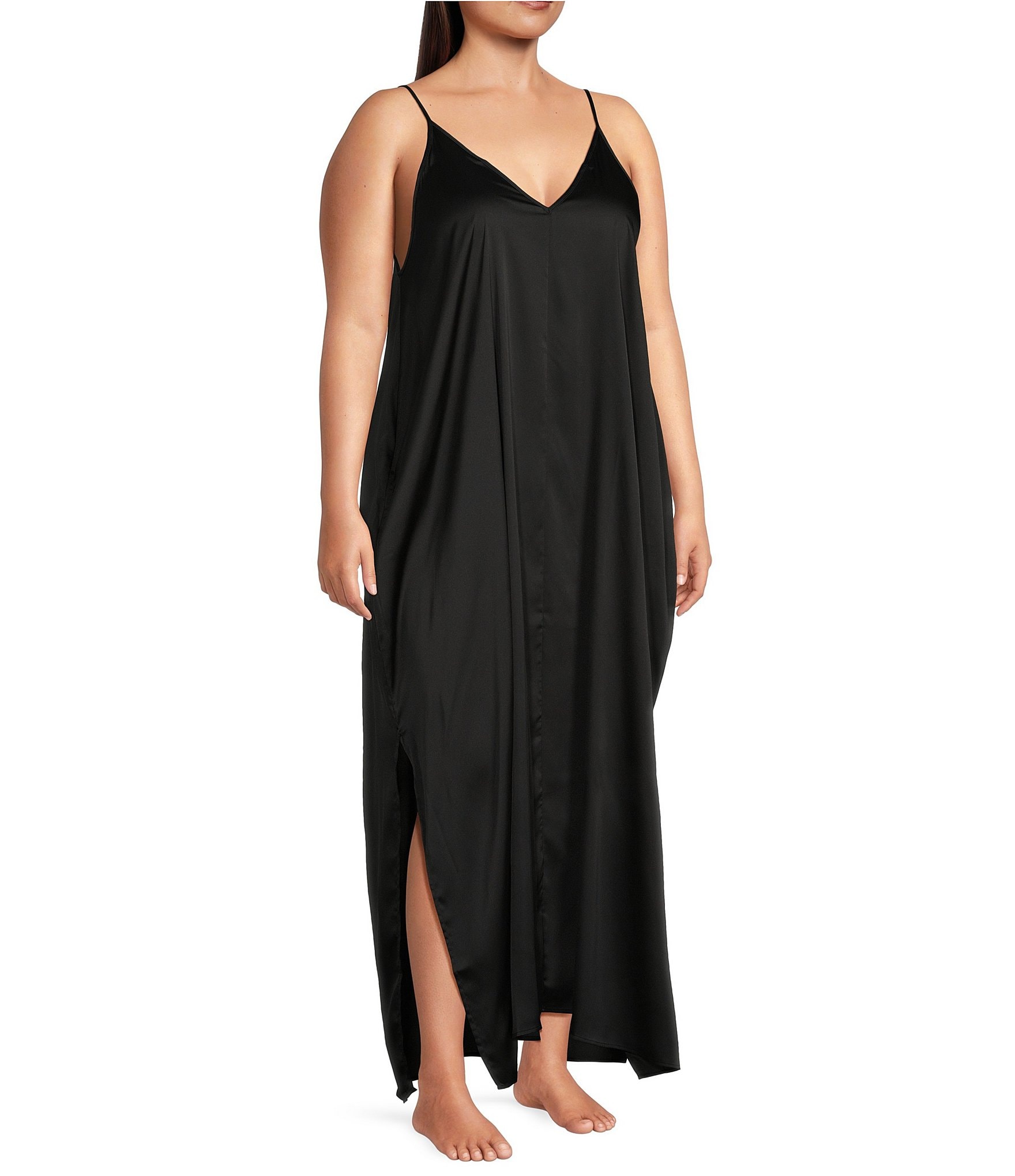 VAN WINKLE & CO. Plus Size Solid Satin Sleeveless V-Neck Side Pocket Maxi Chemise