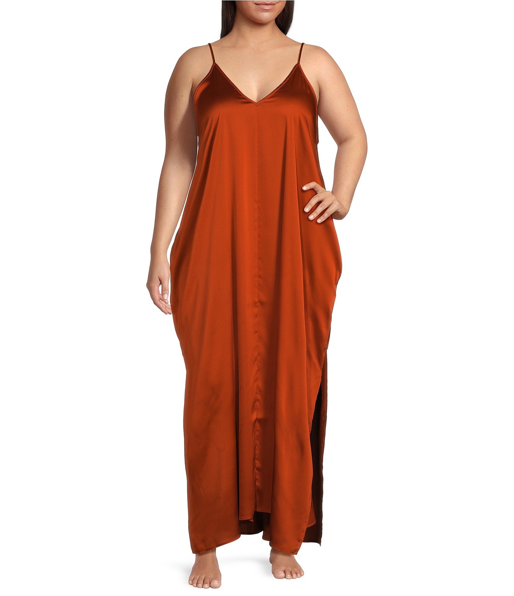 VAN WINKLE & CO. Plus Size Solid Satin Sleeveless V-Neck Side Pocket Maxi Chemise