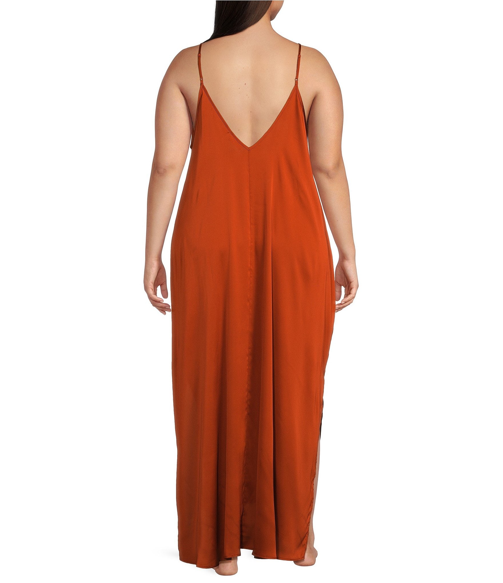 VAN WINKLE & CO. Plus Size Solid Satin Sleeveless V-Neck Side Pocket Maxi Chemise