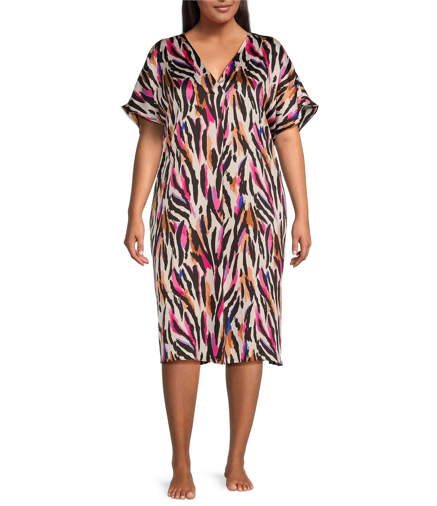 VAN WINKLE & CO. Plus Size Zebra Print V-Neck Short Dolman Sleeve Satin  Midi Caftan | Brazos Mall