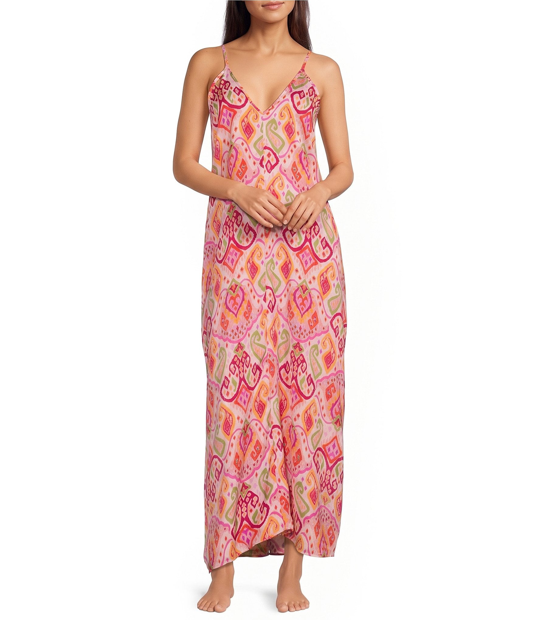 VAN WINKLE & CO. Satin Paisley Print Sleeveless V-Neck Maxi Chemise