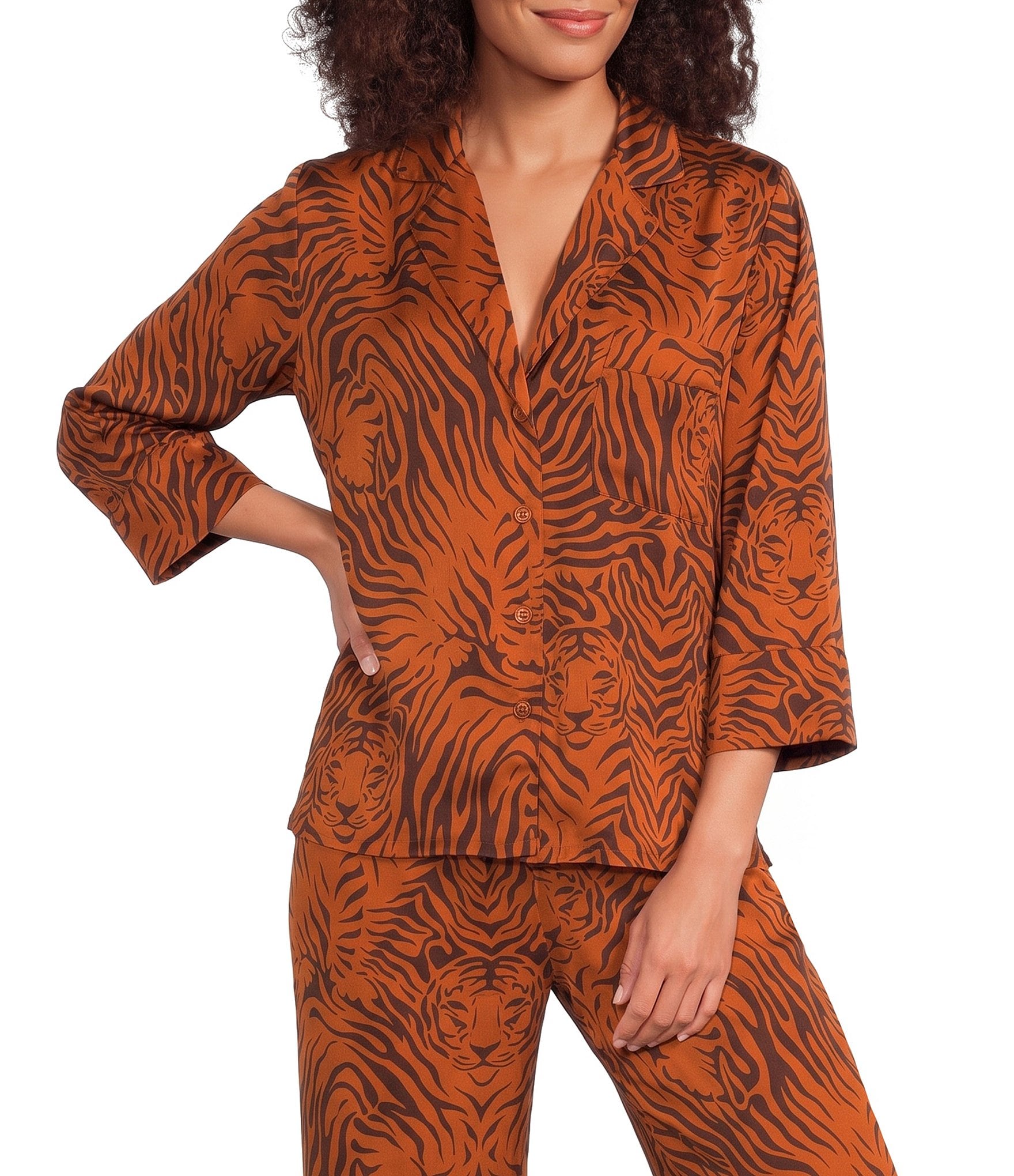Van Winkle & Co. Satin Wild Tiger Print 3/4 Sleeve Notch Collar Coordinating Sleep Top