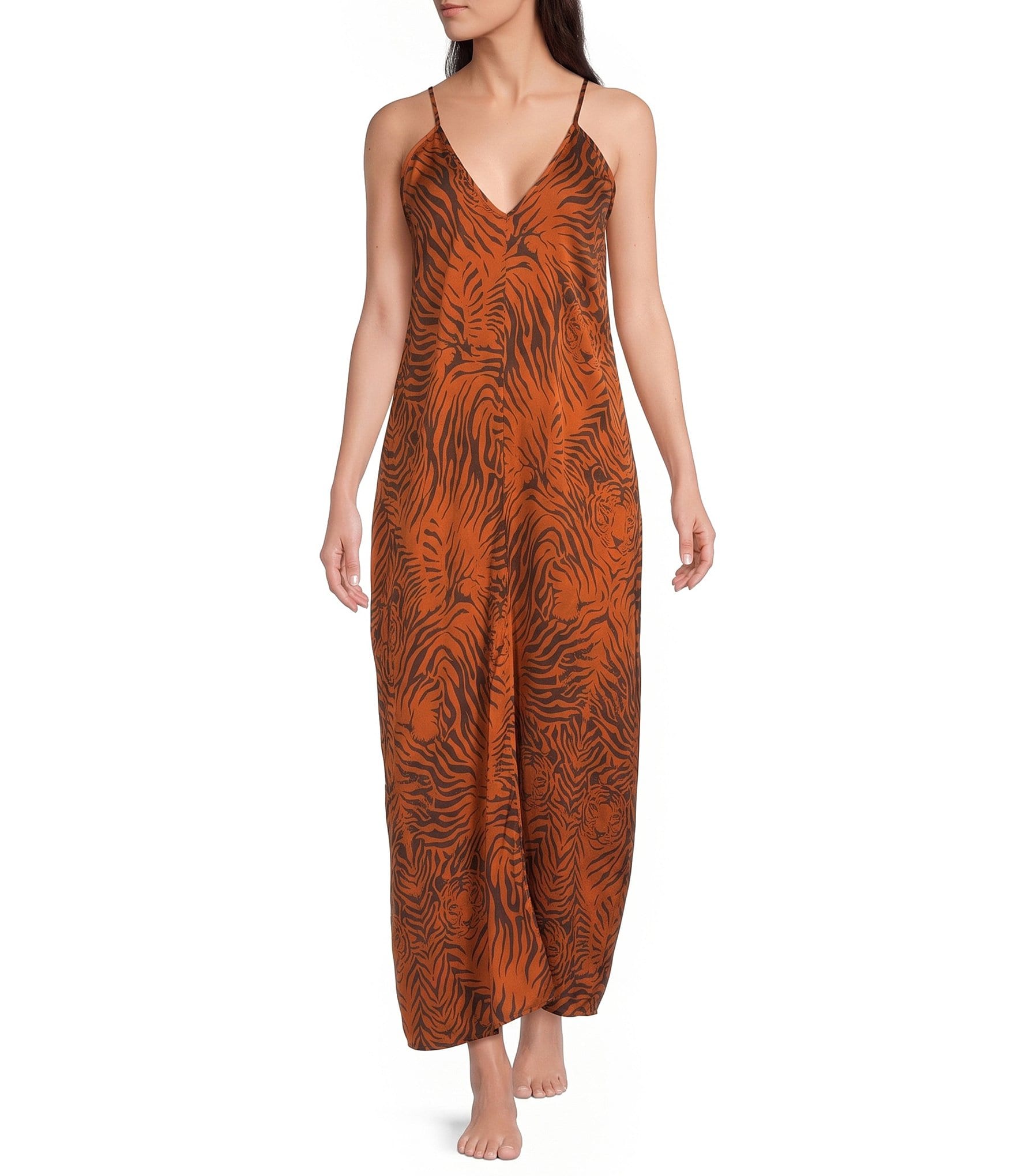 VAN WINKLE & CO. Satin Wild Tiger Print Sleeveless V-Neck Maxi Chemise