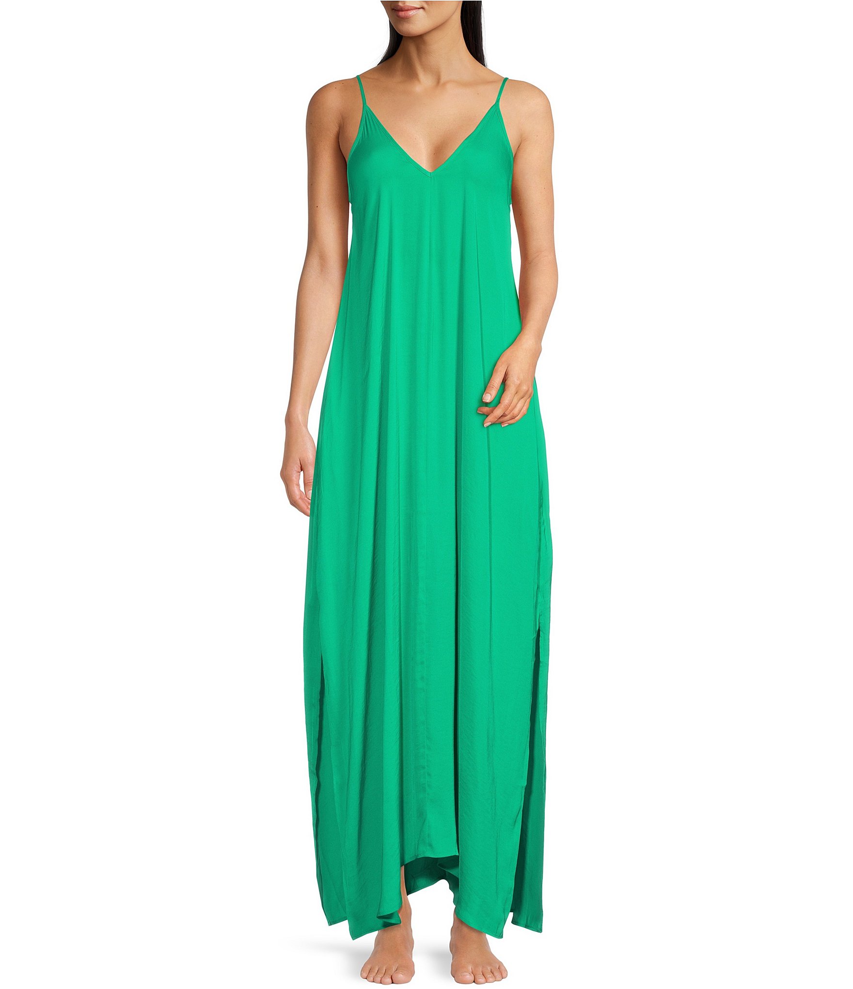 VAN WINKLE & CO. Solid Deep Green Woven Satin V-Neck Sleeveless Maxi ...