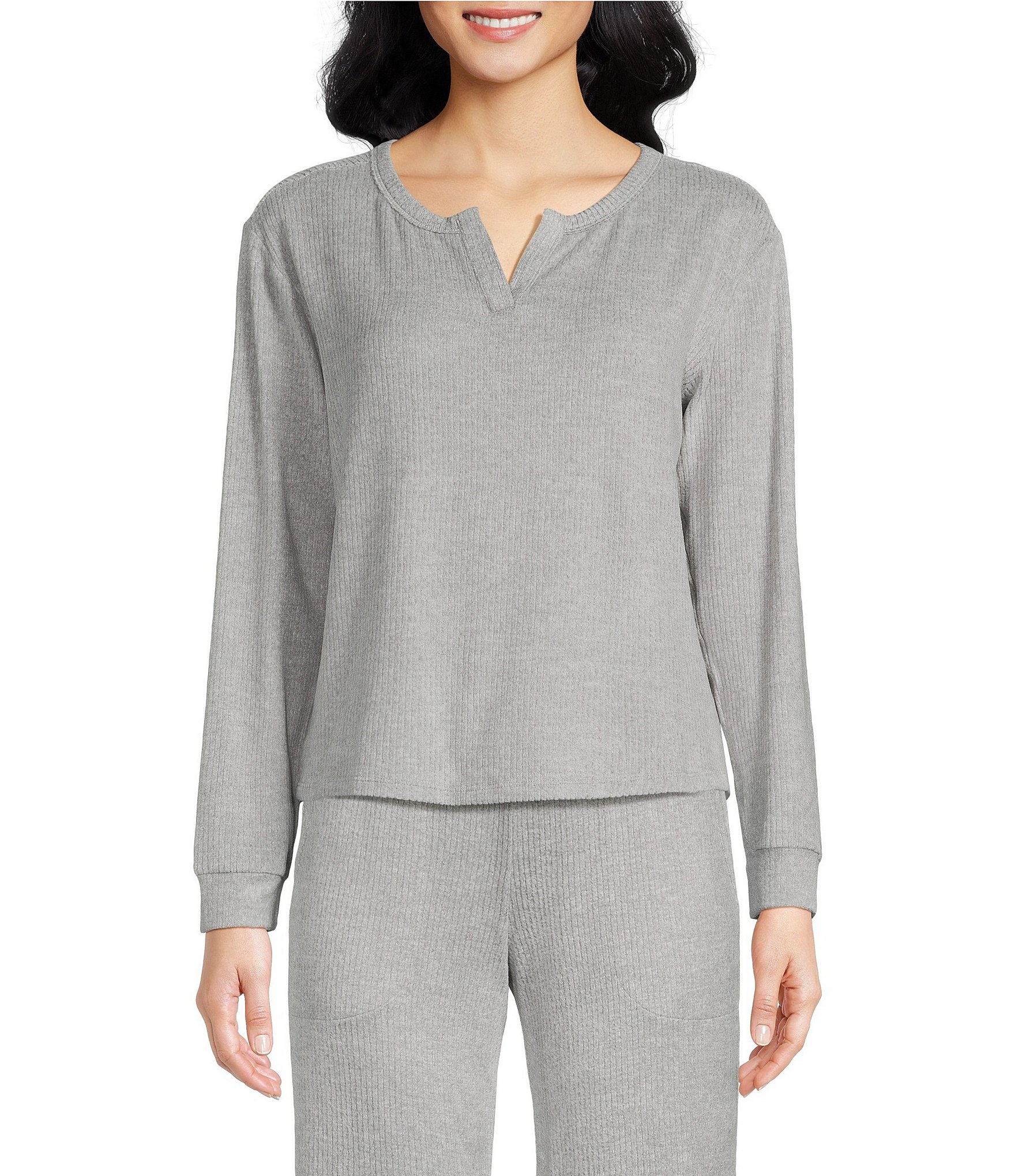 VAN WINKLE & CO. Solid Ribbed Knit Split V-Neck Long Sleeve Coordinating Sleep Top