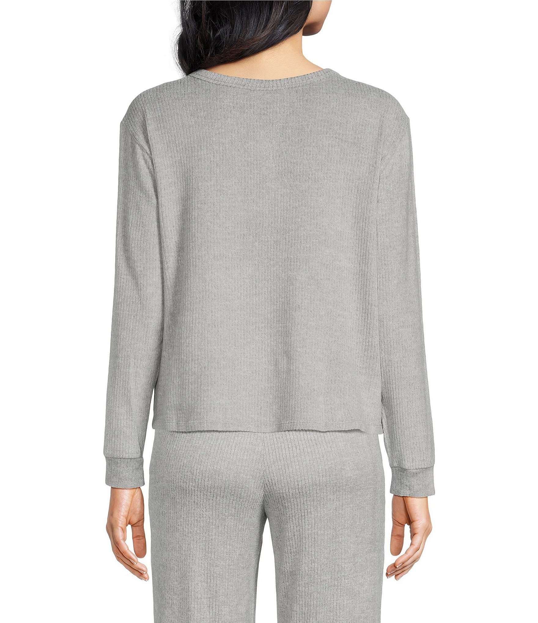 VAN WINKLE & CO. Solid Ribbed Knit Split V-Neck Long Sleeve Coordinating Sleep Top