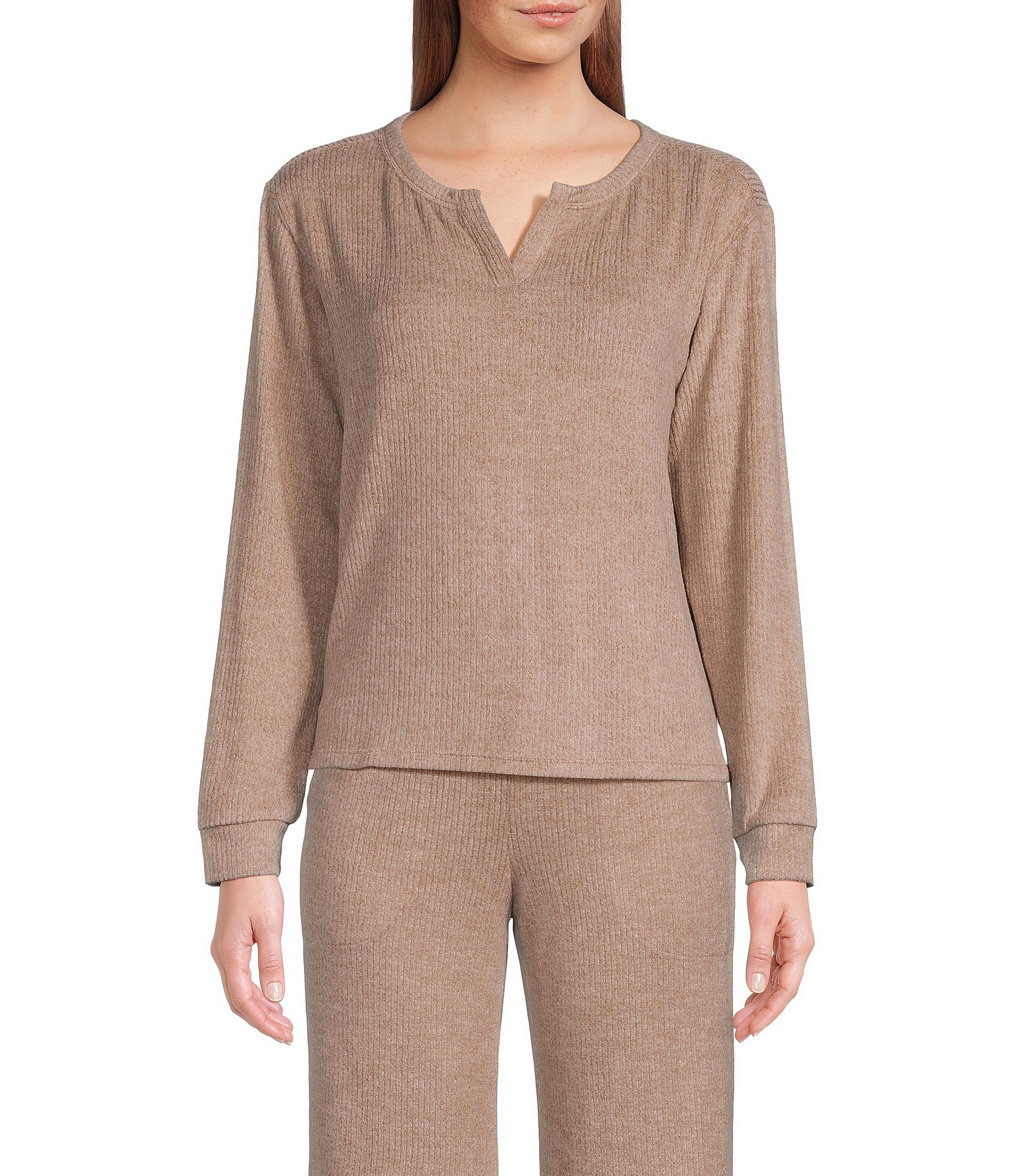 VAN WINKLE & CO. Solid Ribbed Knit Split V-Neck Long Sleeve Coordinating Sleep Top