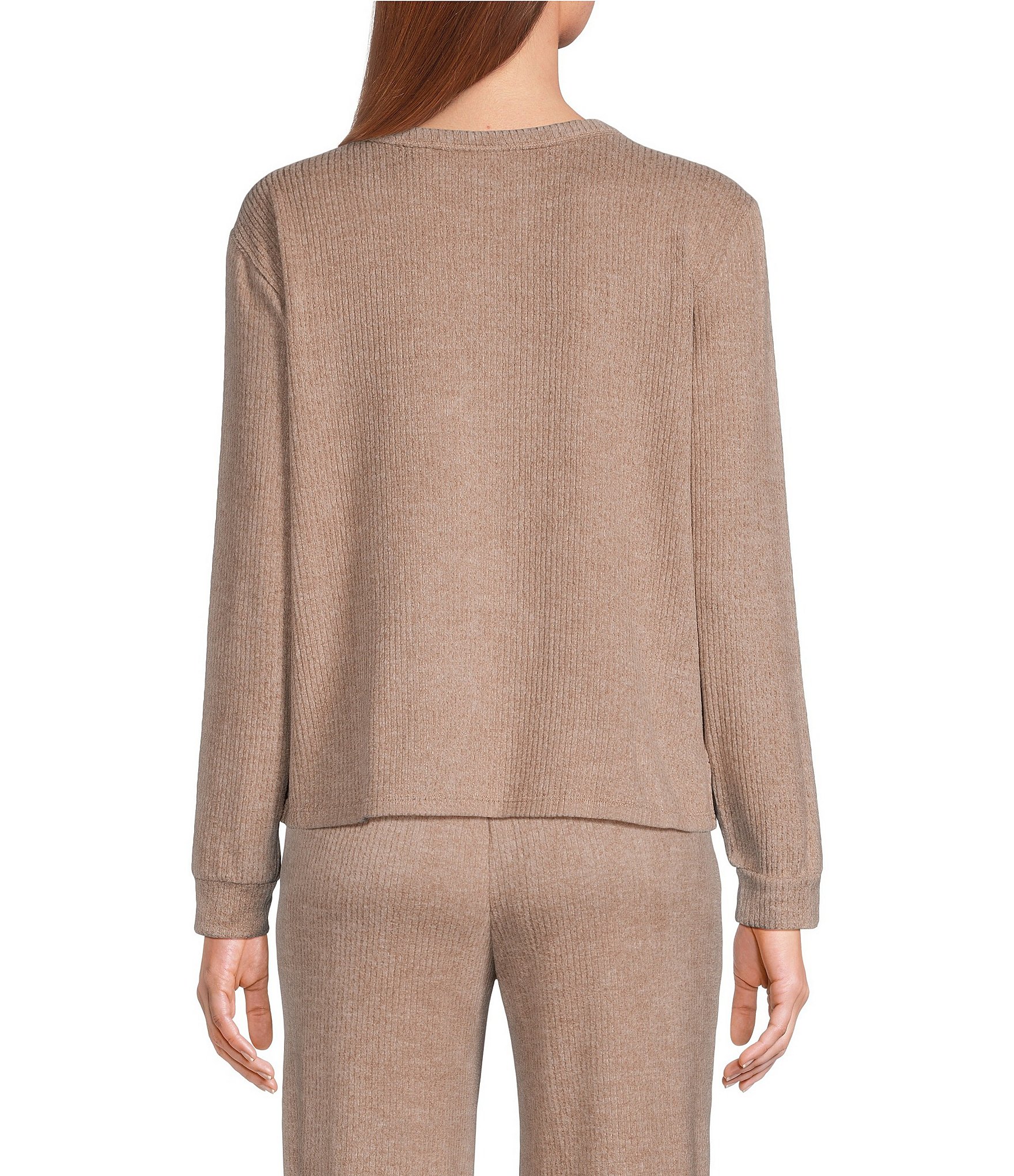 VAN WINKLE & CO. Solid Ribbed Knit Split V-Neck Long Sleeve Coordinating Sleep Top