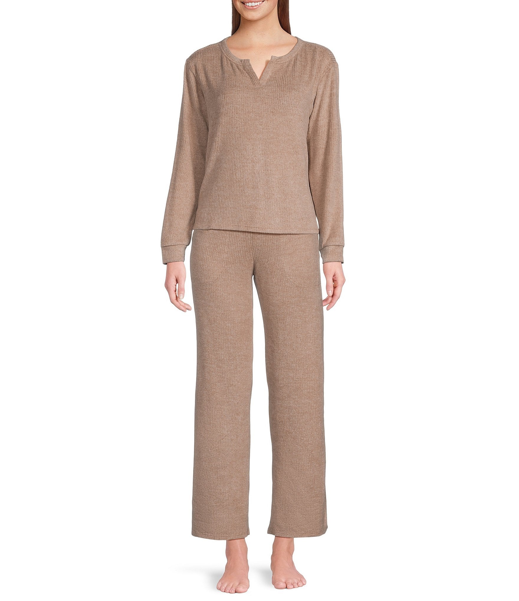 VAN WINKLE & CO. Solid Ribbed Knit Split V-Neck Long Sleeve Coordinating Sleep Top