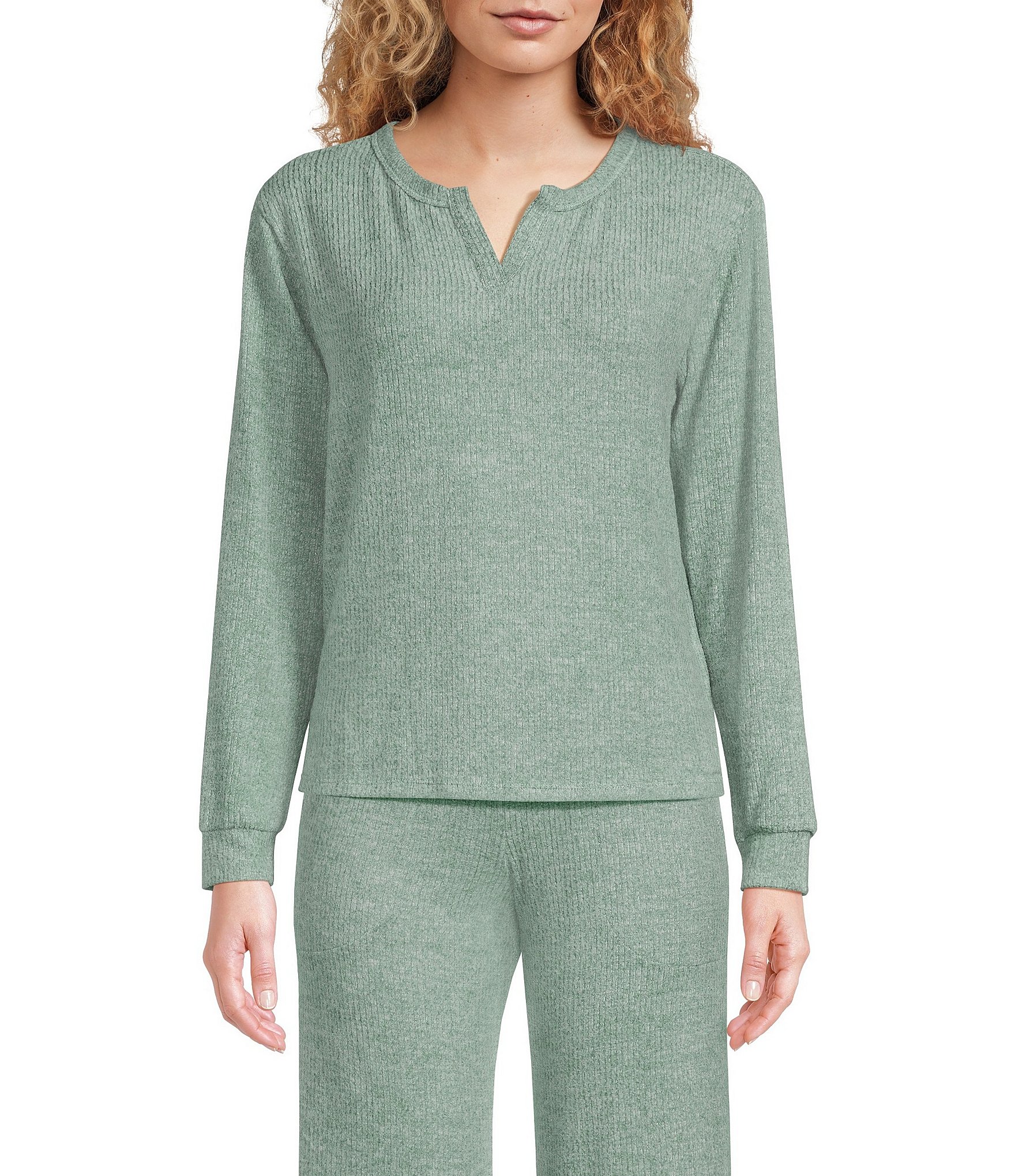 VAN WINKLE & CO. Solid Ribbed Knit Split V-Neck Long Sleeve Coordinating Sleep Top