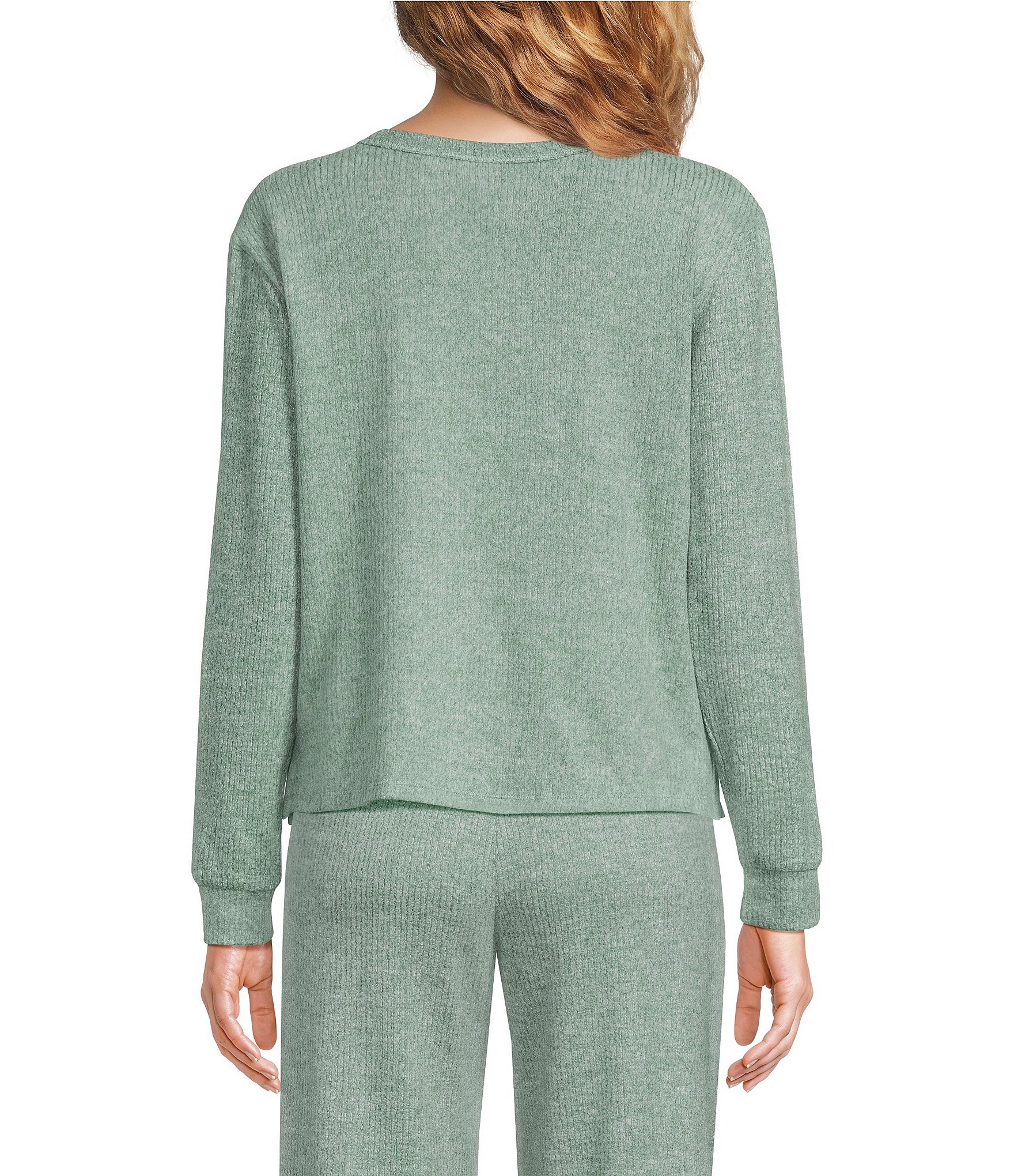 VAN WINKLE & CO. Solid Ribbed Knit Split V-Neck Long Sleeve Coordinating Sleep Top