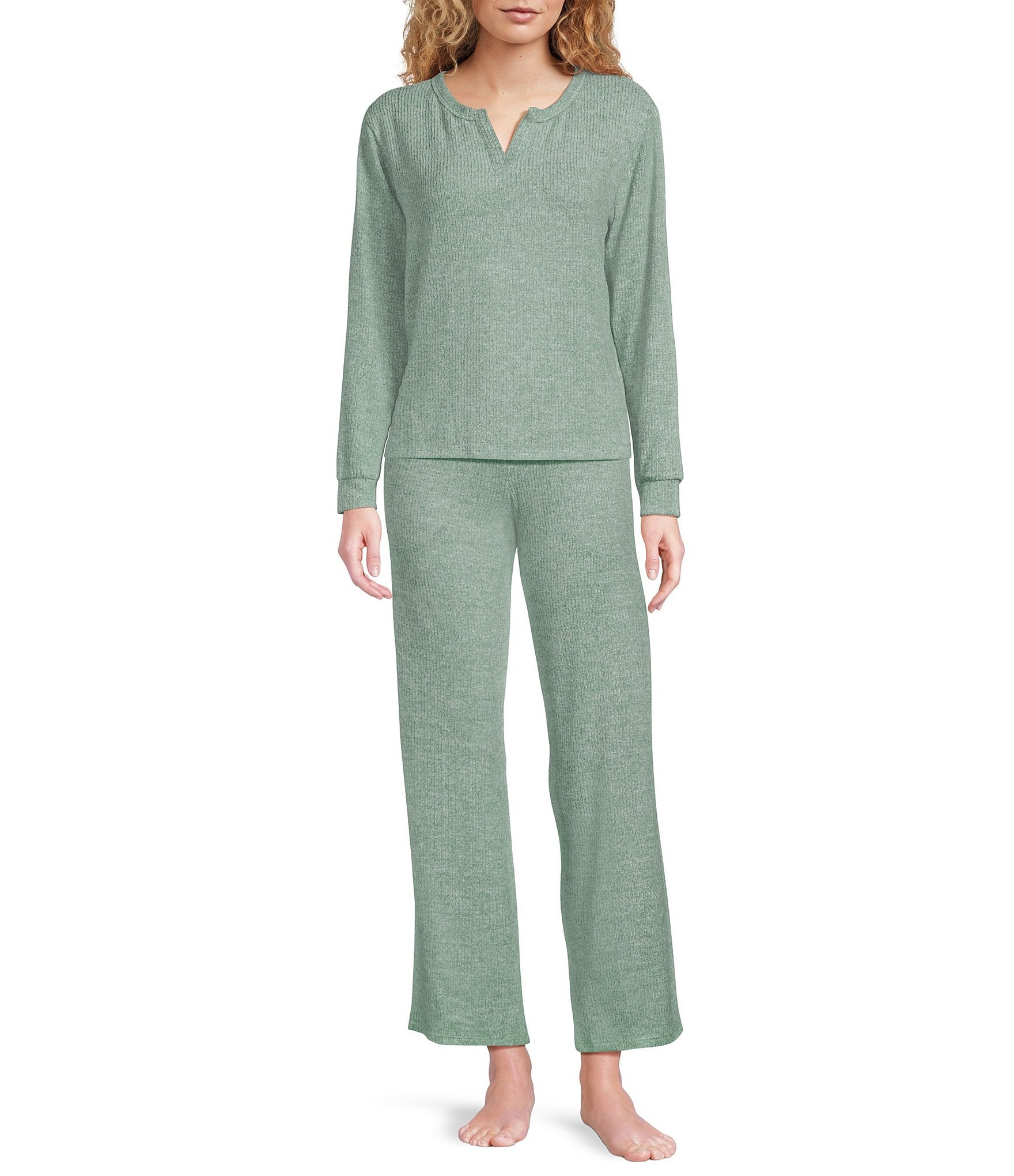VAN WINKLE & CO. Solid Ribbed Knit Split V-Neck Long Sleeve Coordinating Sleep Top