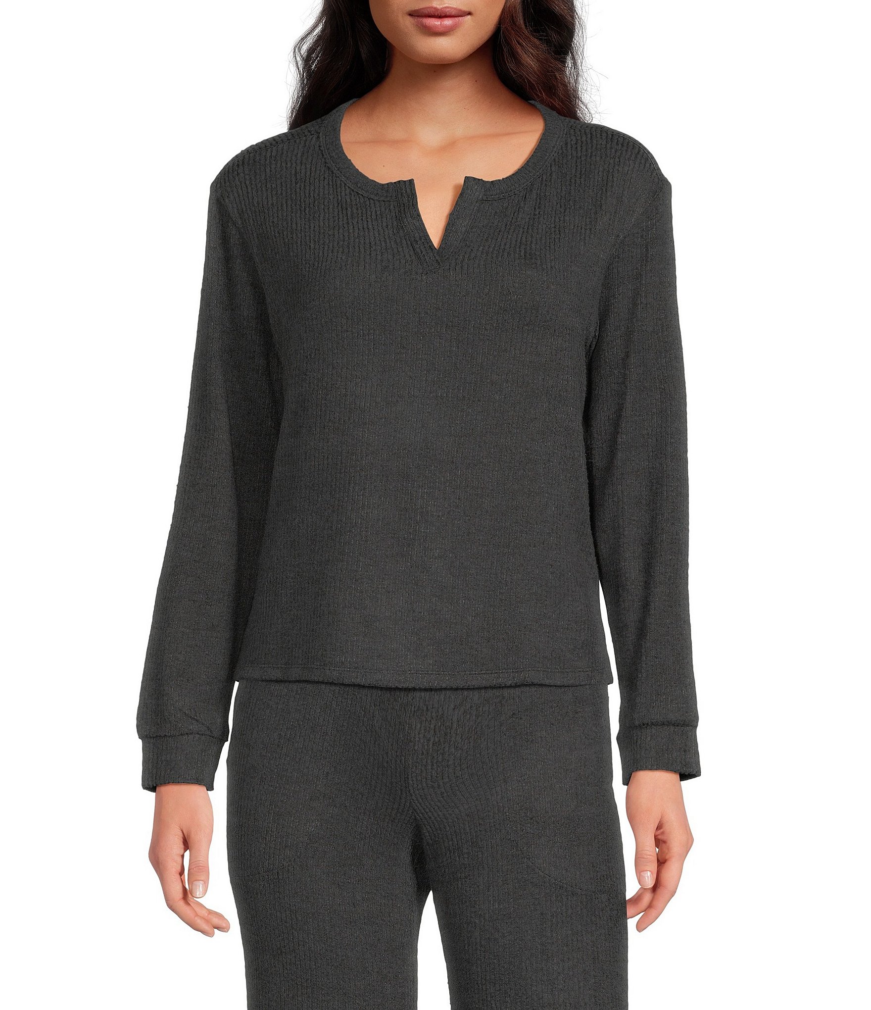 VAN WINKLE & CO. Solid Ribbed Knit Split V-Neck Long Sleeve Coordinating Sleep Top