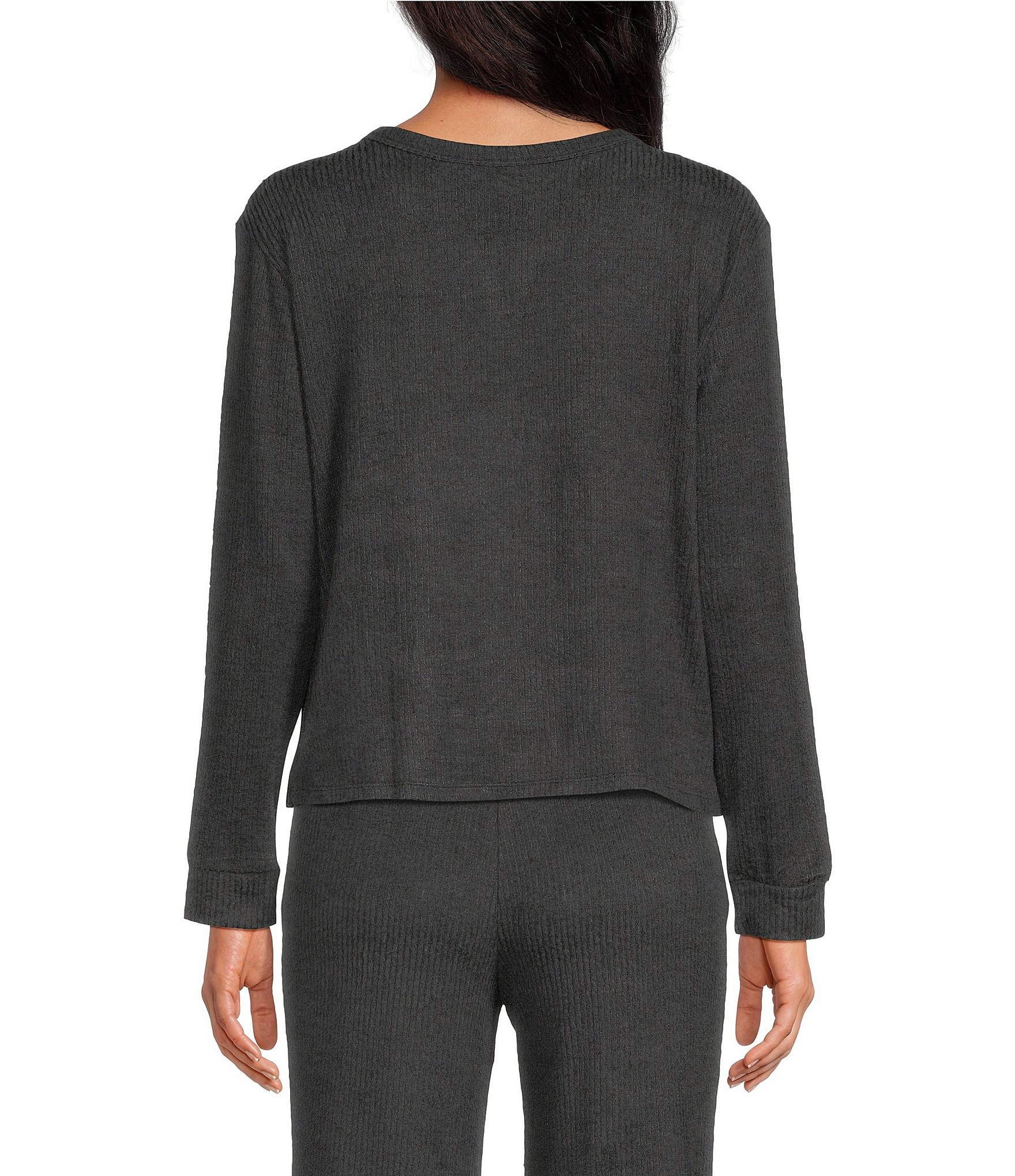 VAN WINKLE & CO. Solid Ribbed Knit Split V-Neck Long Sleeve Coordinating Sleep Top