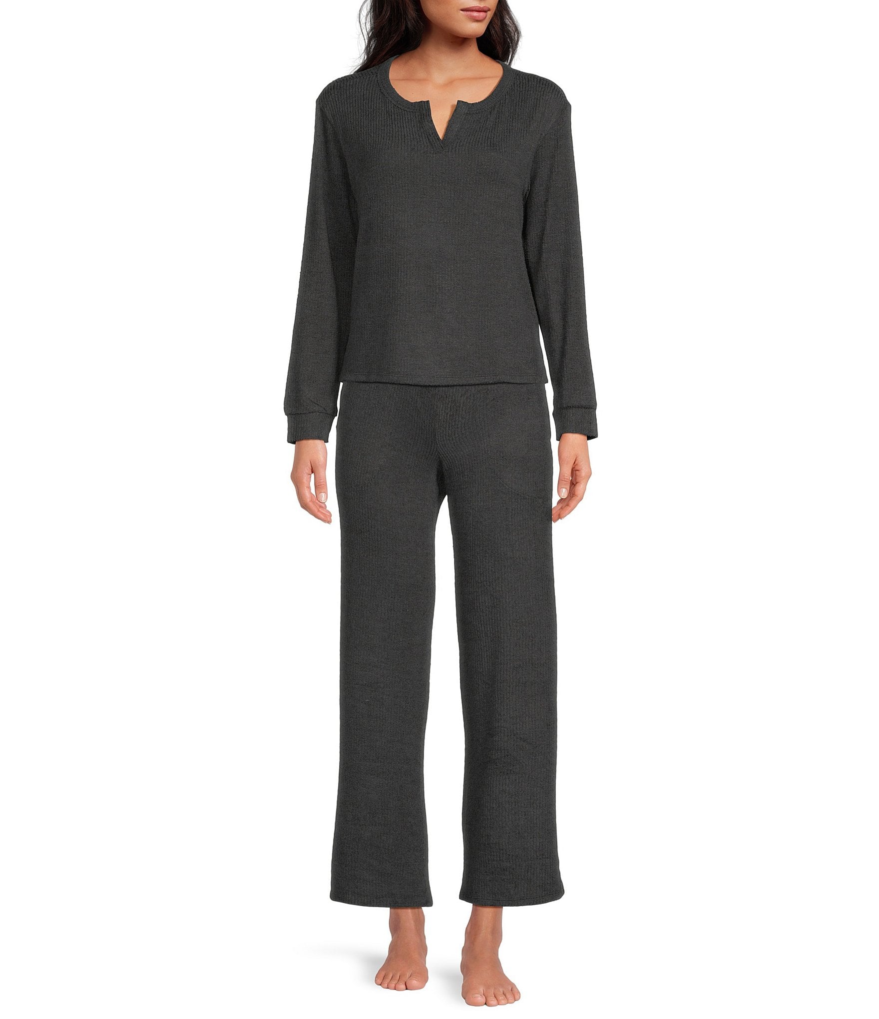 VAN WINKLE & CO. Solid Ribbed Knit Split V-Neck Long Sleeve Coordinating Sleep Top
