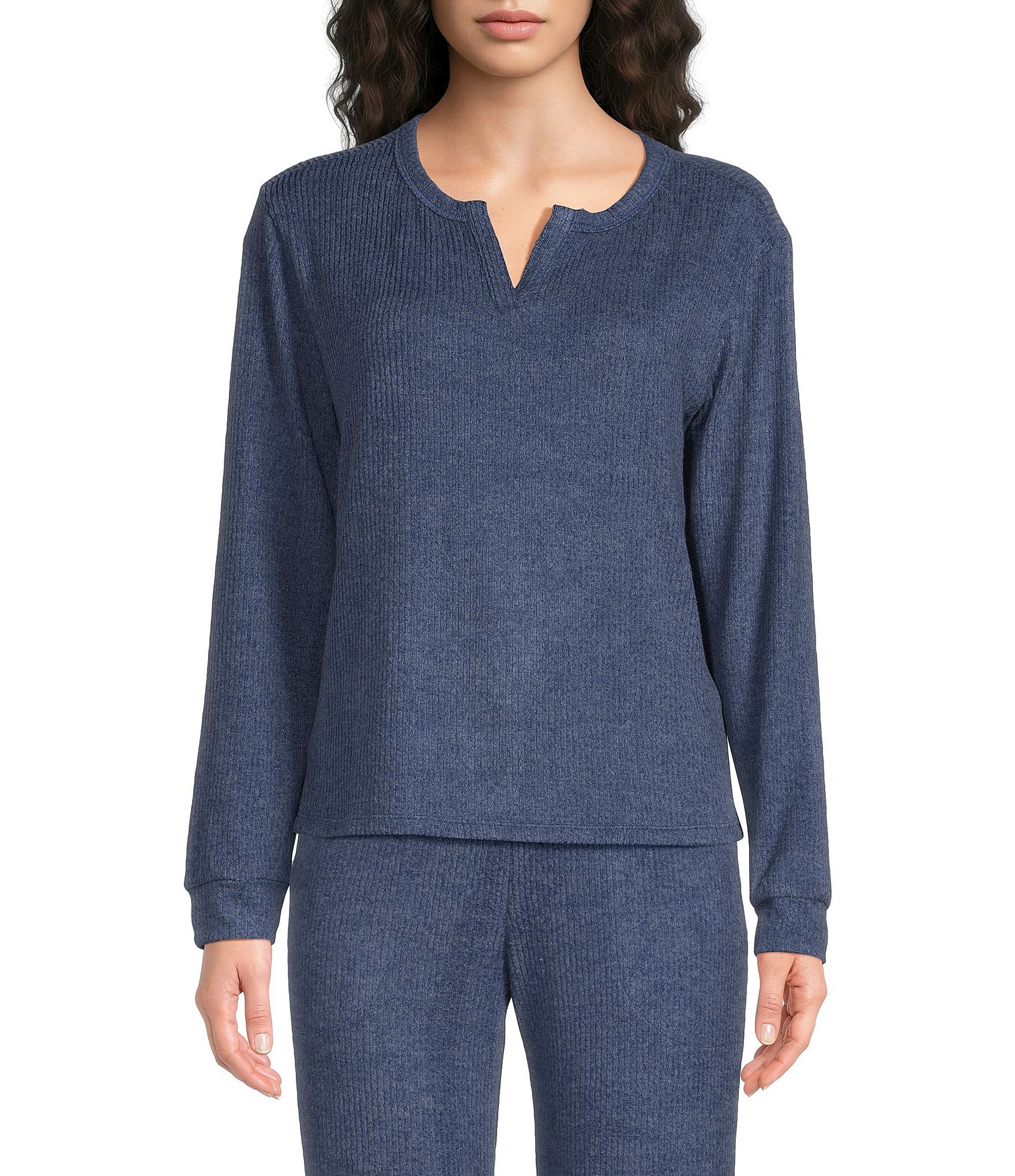 VAN WINKLE & CO. Solid Ribbed Knit Split V-Neck Long Sleeve Coordinating Sleep Top