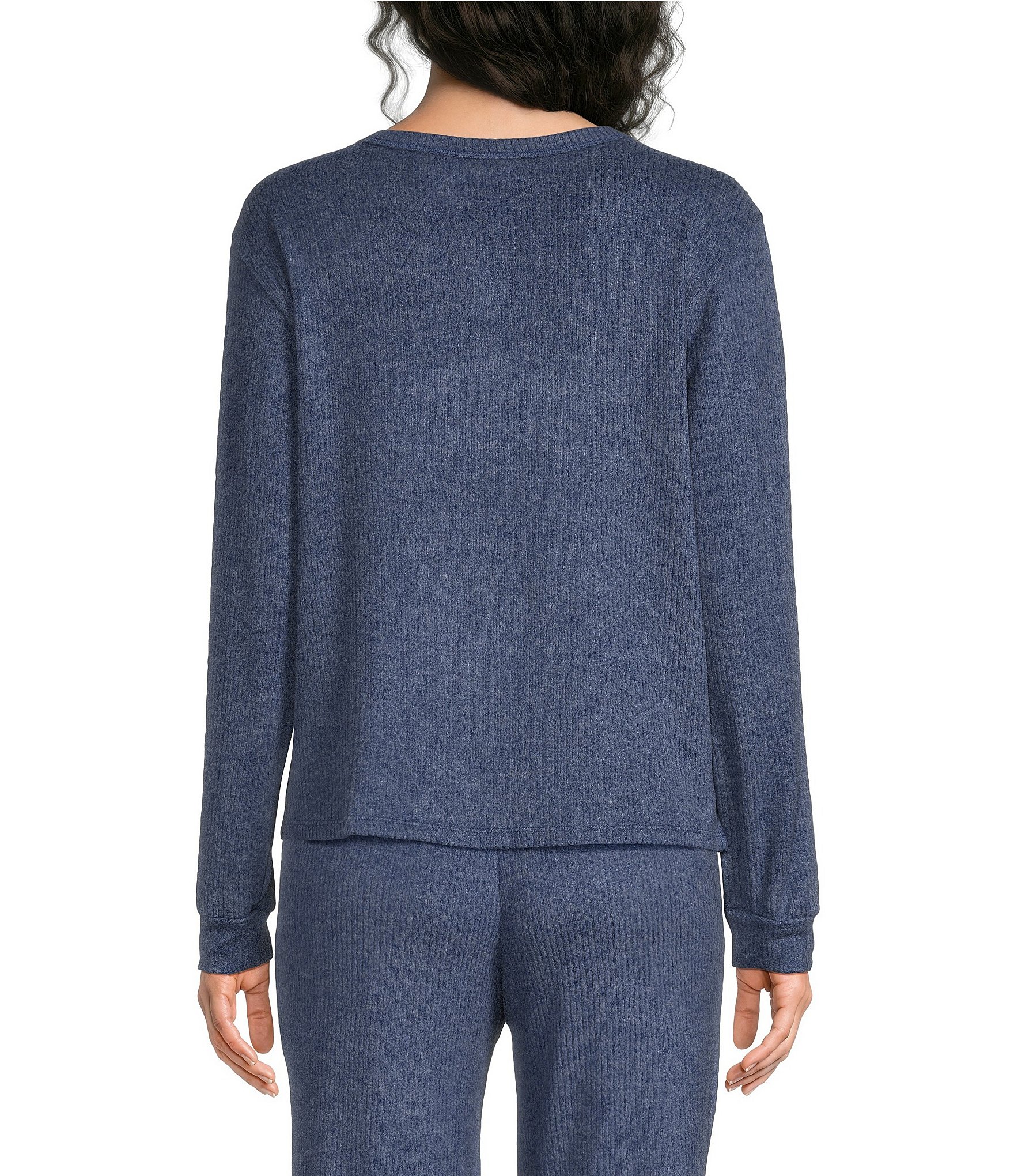 VAN WINKLE & CO. Solid Ribbed Knit Split V-Neck Long Sleeve Coordinating Sleep Top