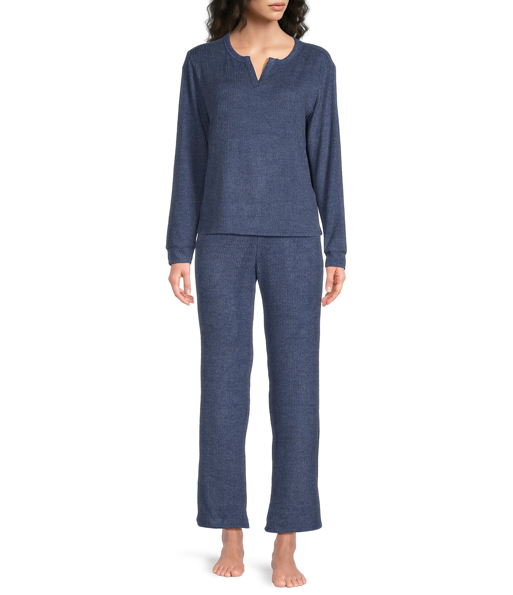 VAN WINKLE & CO. Solid Ribbed Knit Split V-Neck Long Sleeve Coordinating Sleep Top