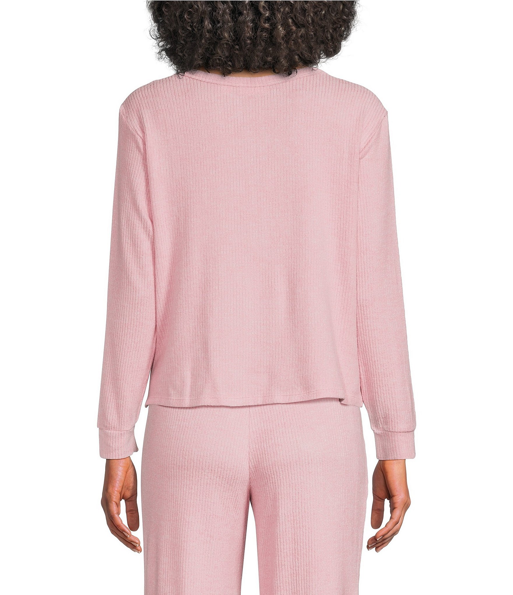 VAN WINKLE & CO. Solid Ribbed Knit Split V-Neck Long Sleeve Coordinating Sleep Top