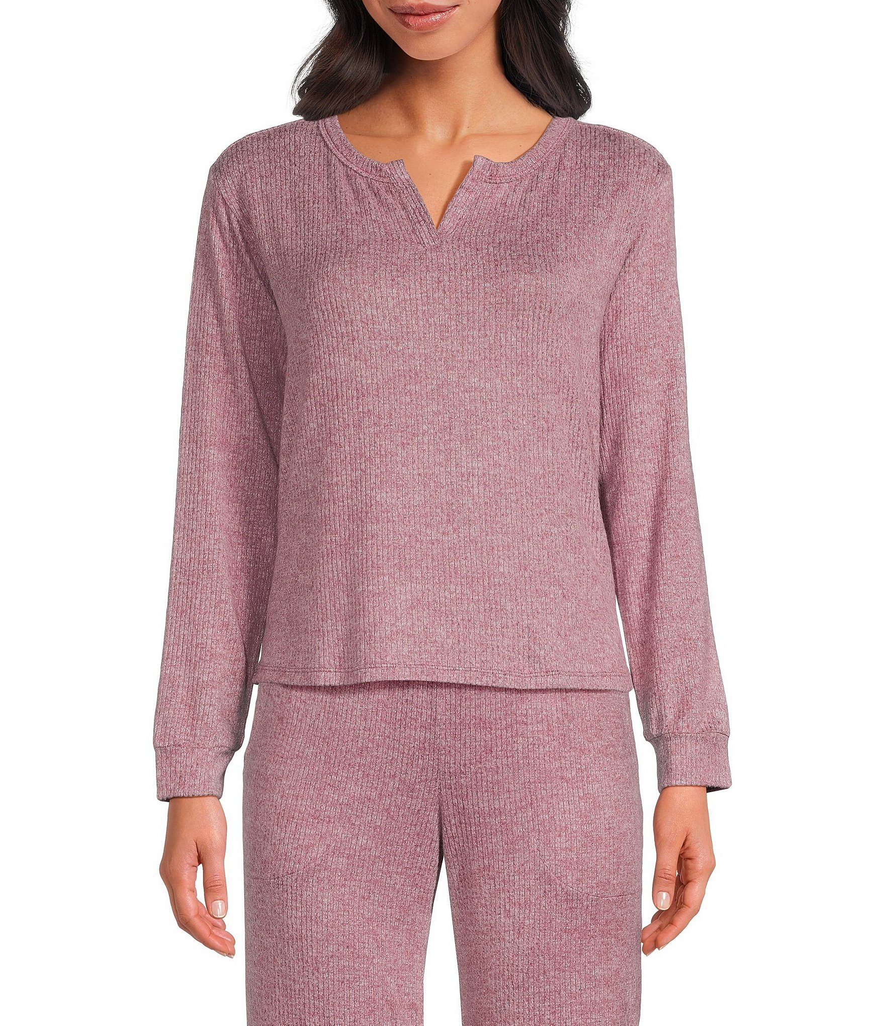 VAN WINKLE & CO. Solid Ribbed Knit Split V-Neck Long Sleeve Coordinating Sleep Top