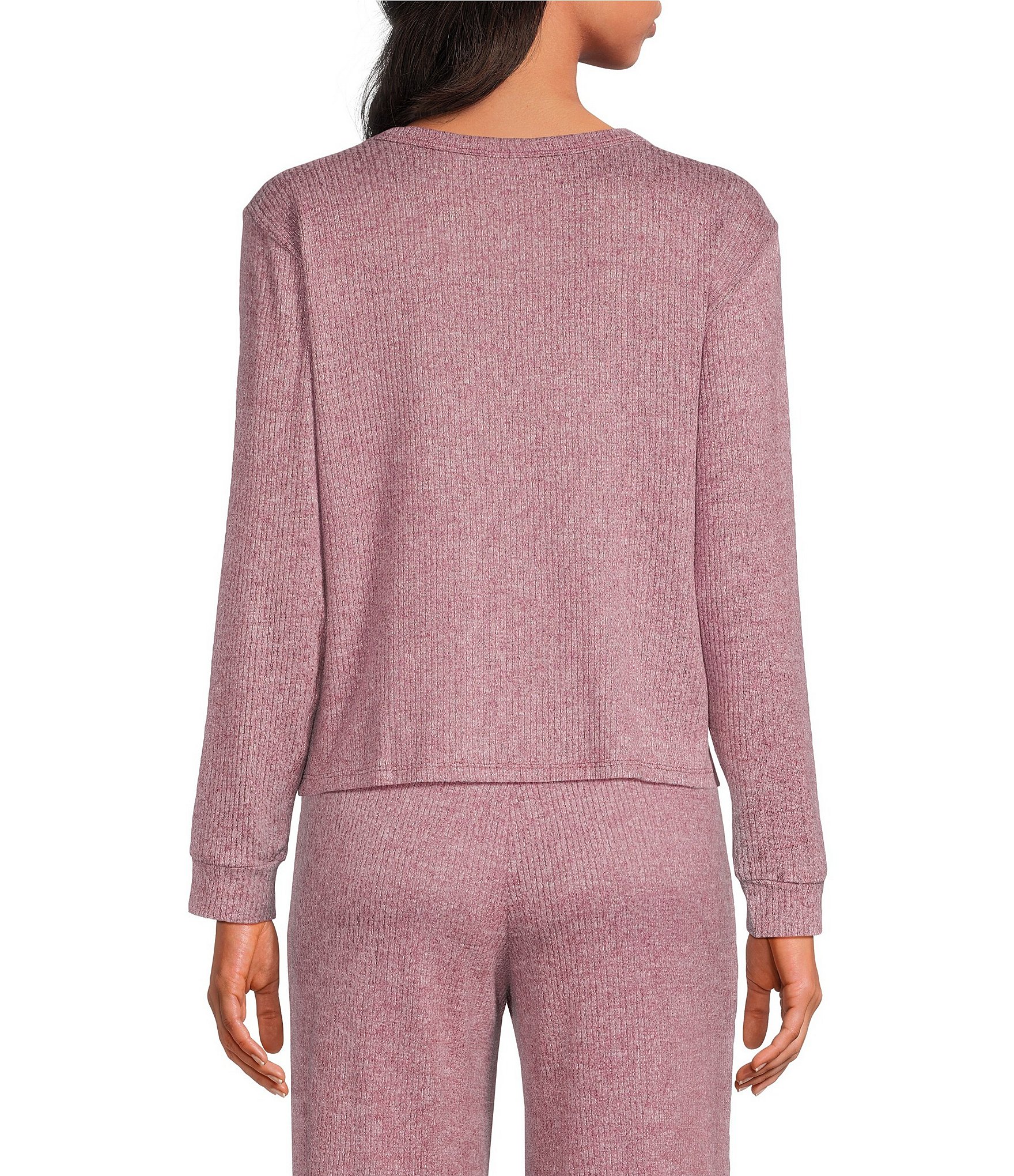 VAN WINKLE & CO. Solid Ribbed Knit Split V-Neck Long Sleeve Coordinating Sleep Top