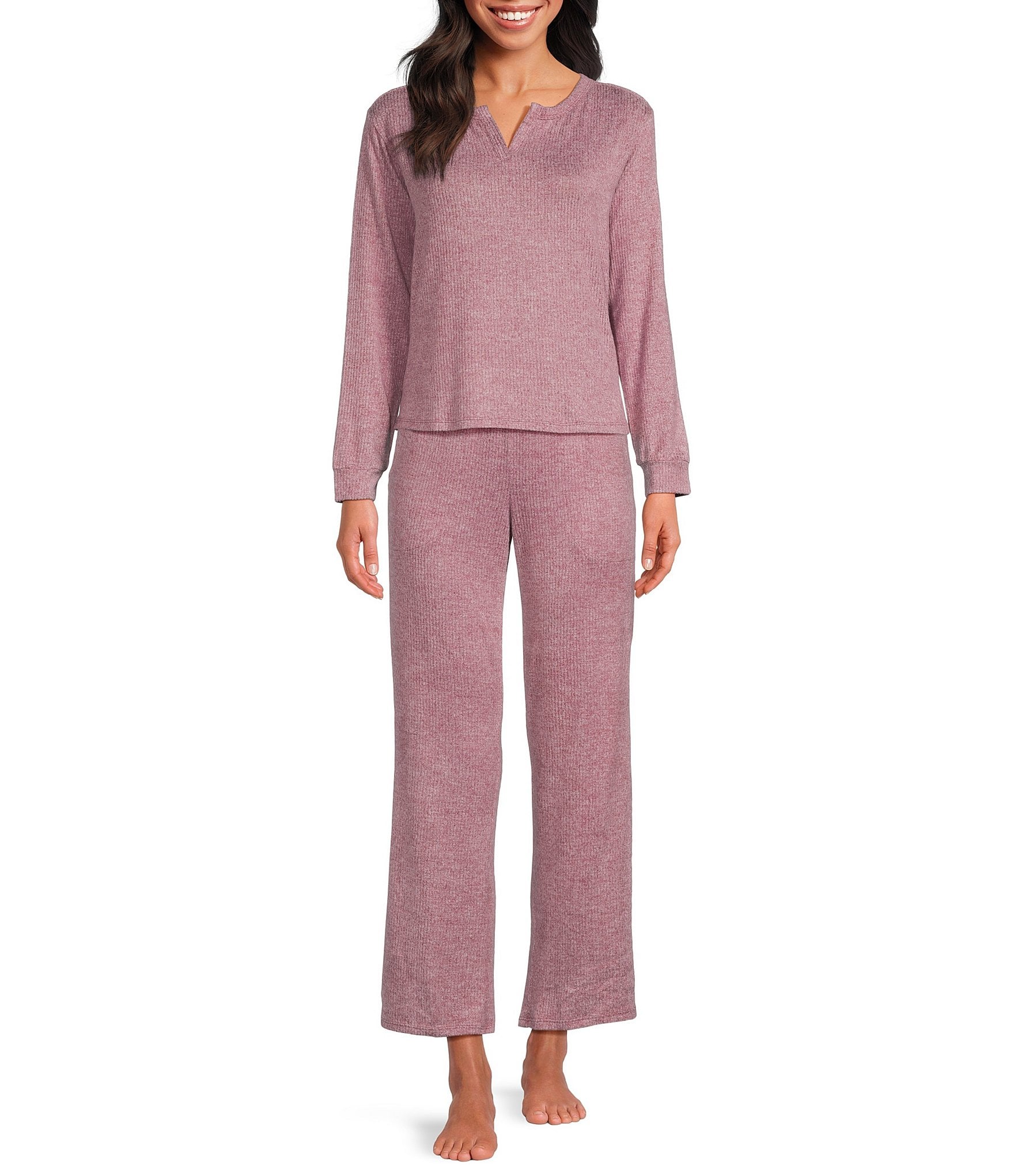VAN WINKLE & CO. Solid Ribbed Knit Split V-Neck Long Sleeve Coordinating Sleep Top