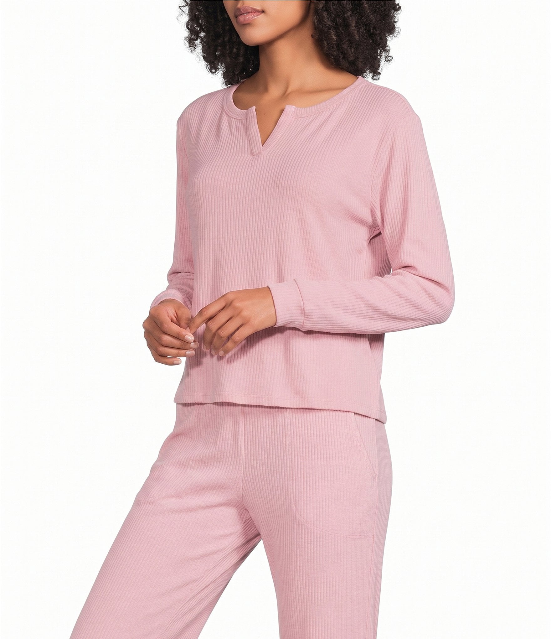 VAN WINKLE & CO. Solid Ribbed Knit Split V-Neck Long Sleeve Coordinating Sleep Top