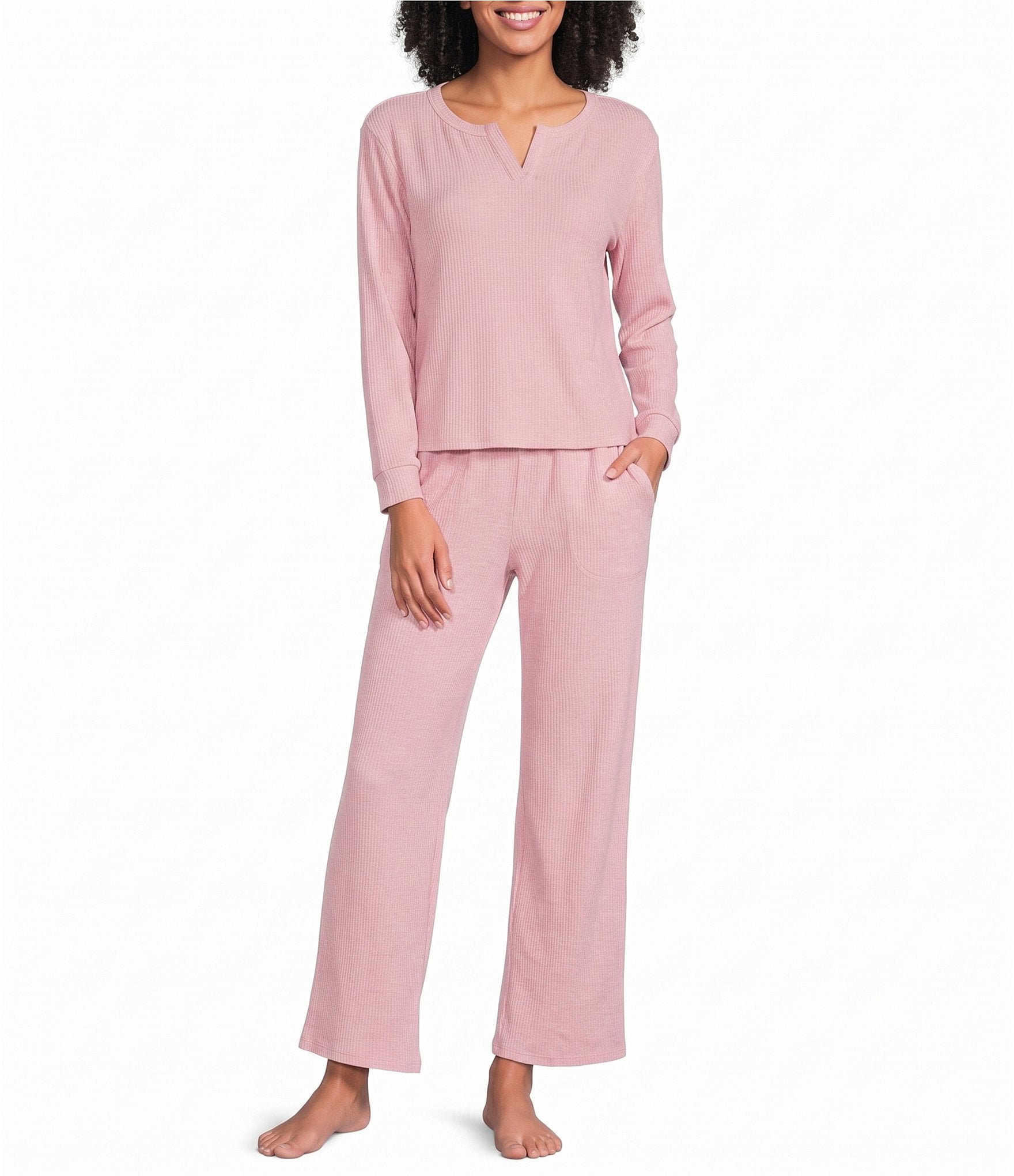 VAN WINKLE & CO. Solid Ribbed Knit Split V-Neck Long Sleeve Coordinating Sleep Top