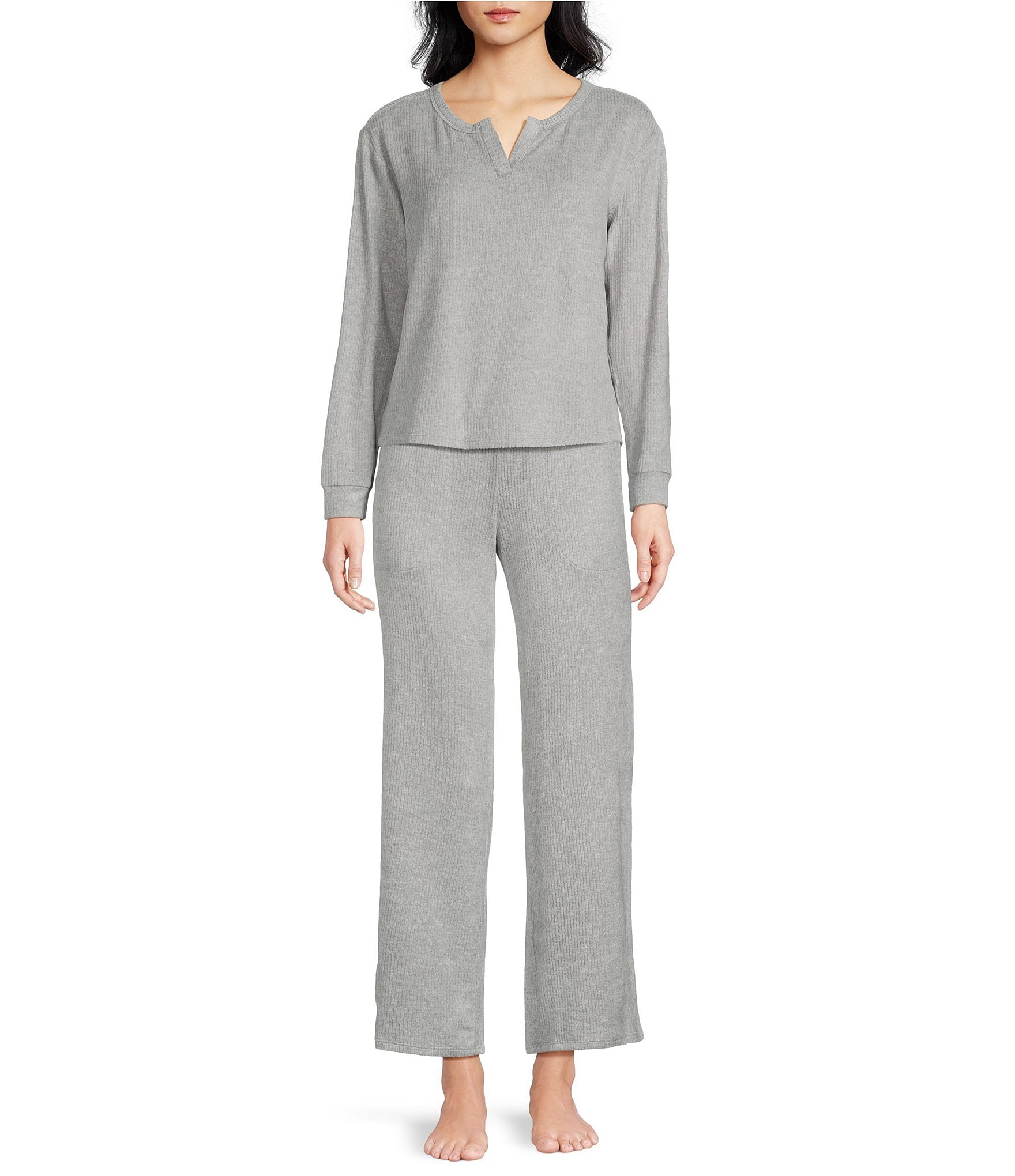 VAN WINKLE & CO. Solid Ribbed Knit Wide Leg Coordinating Sleep Pants