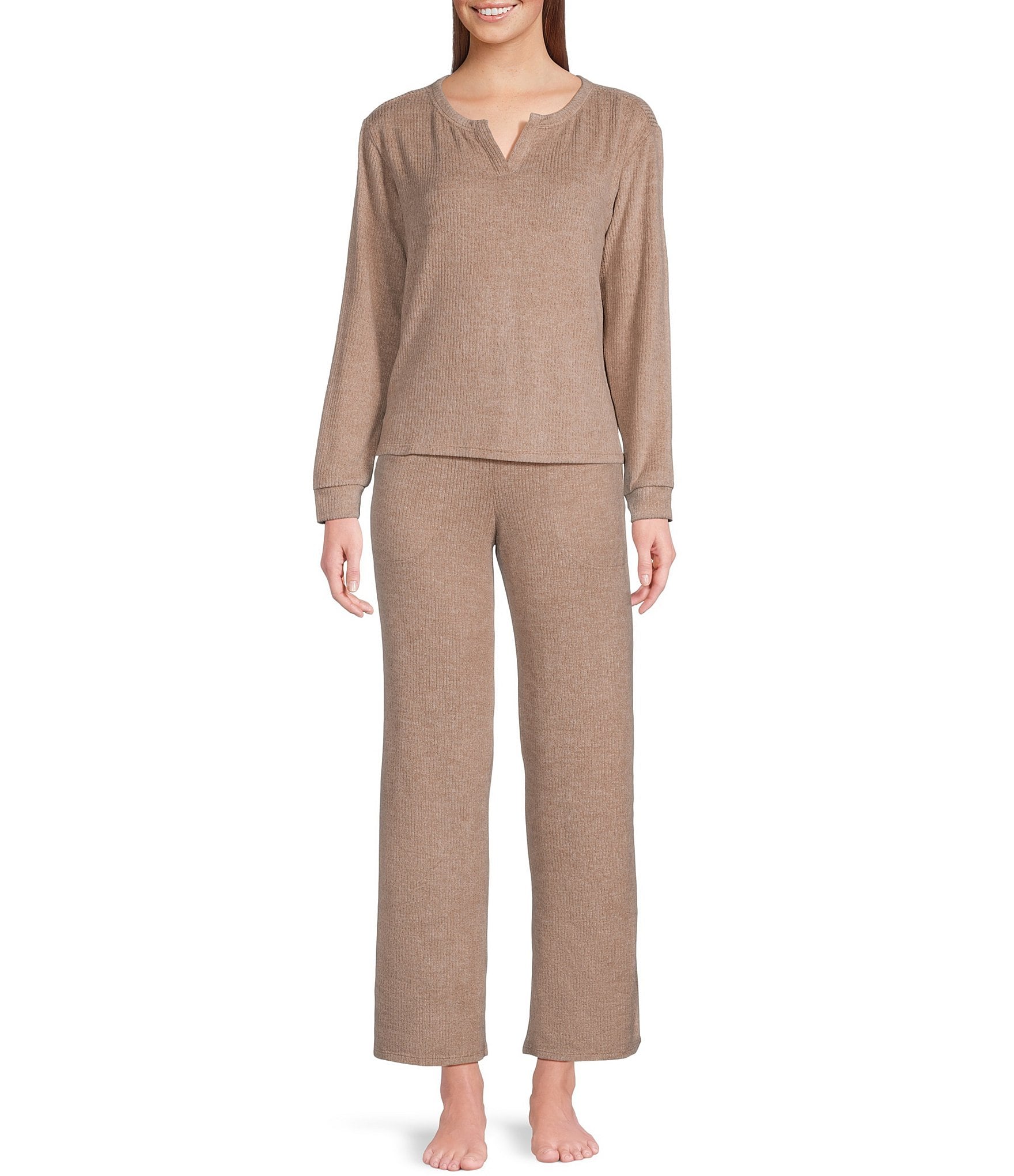 VAN WINKLE & CO. Solid Ribbed Knit Wide Leg Coordinating Sleep Pants