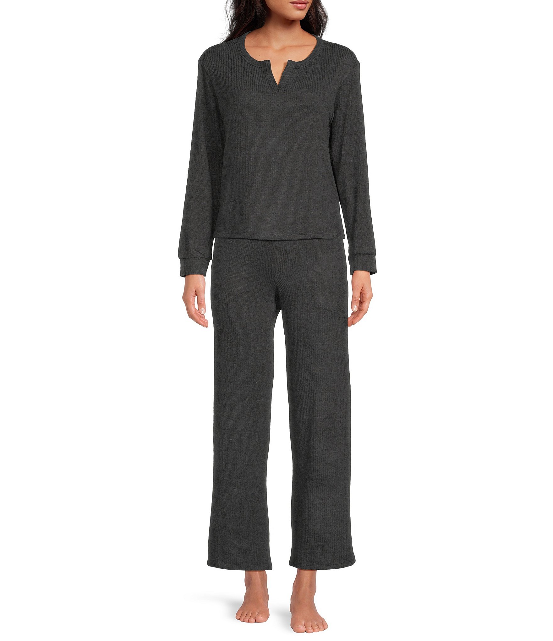 VAN WINKLE & CO. Solid Ribbed Knit Wide Leg Coordinating Sleep Pants