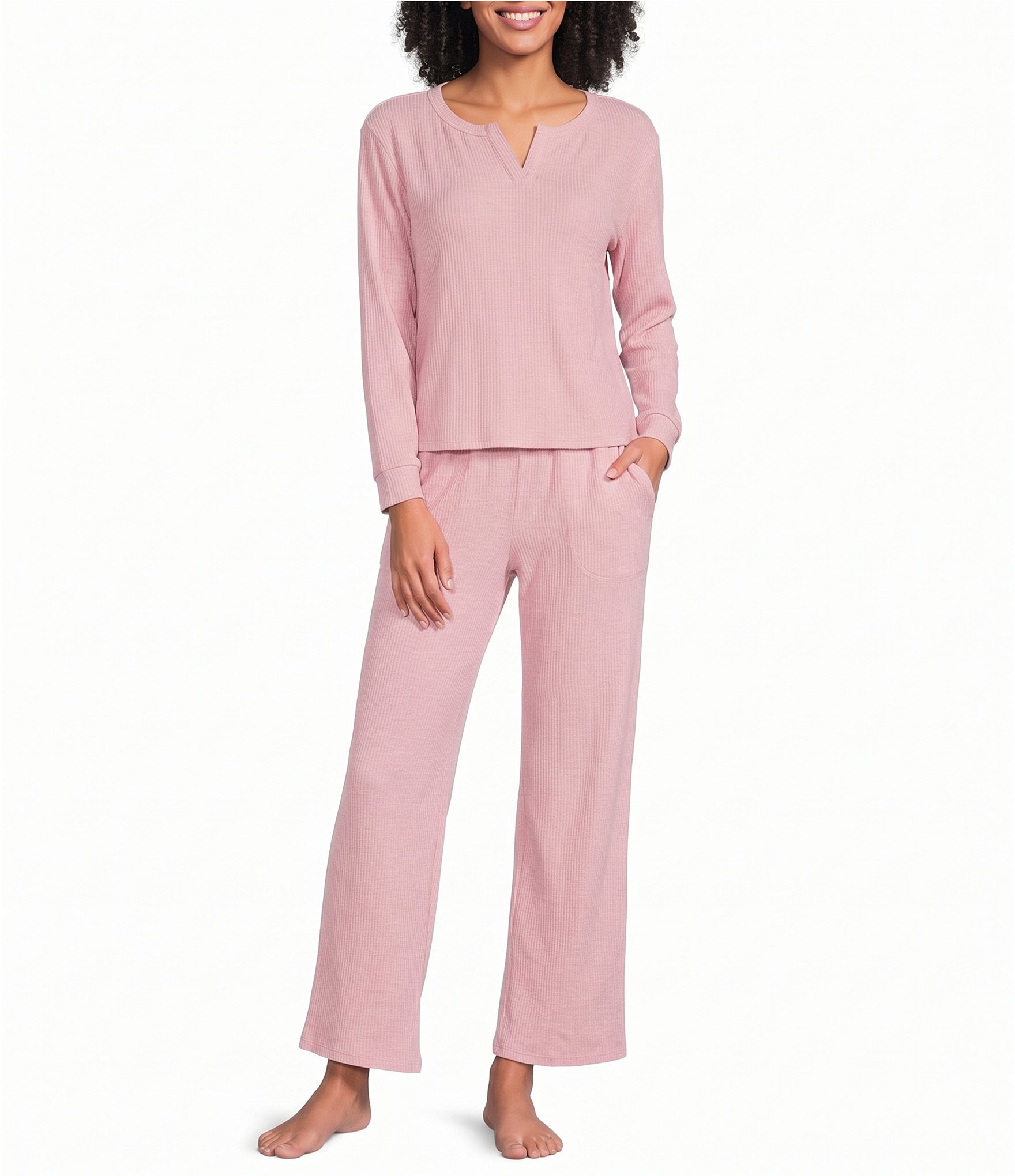 VAN WINKLE & CO. Solid Ribbed Knit Wide Leg Coordinating Sleep Pants