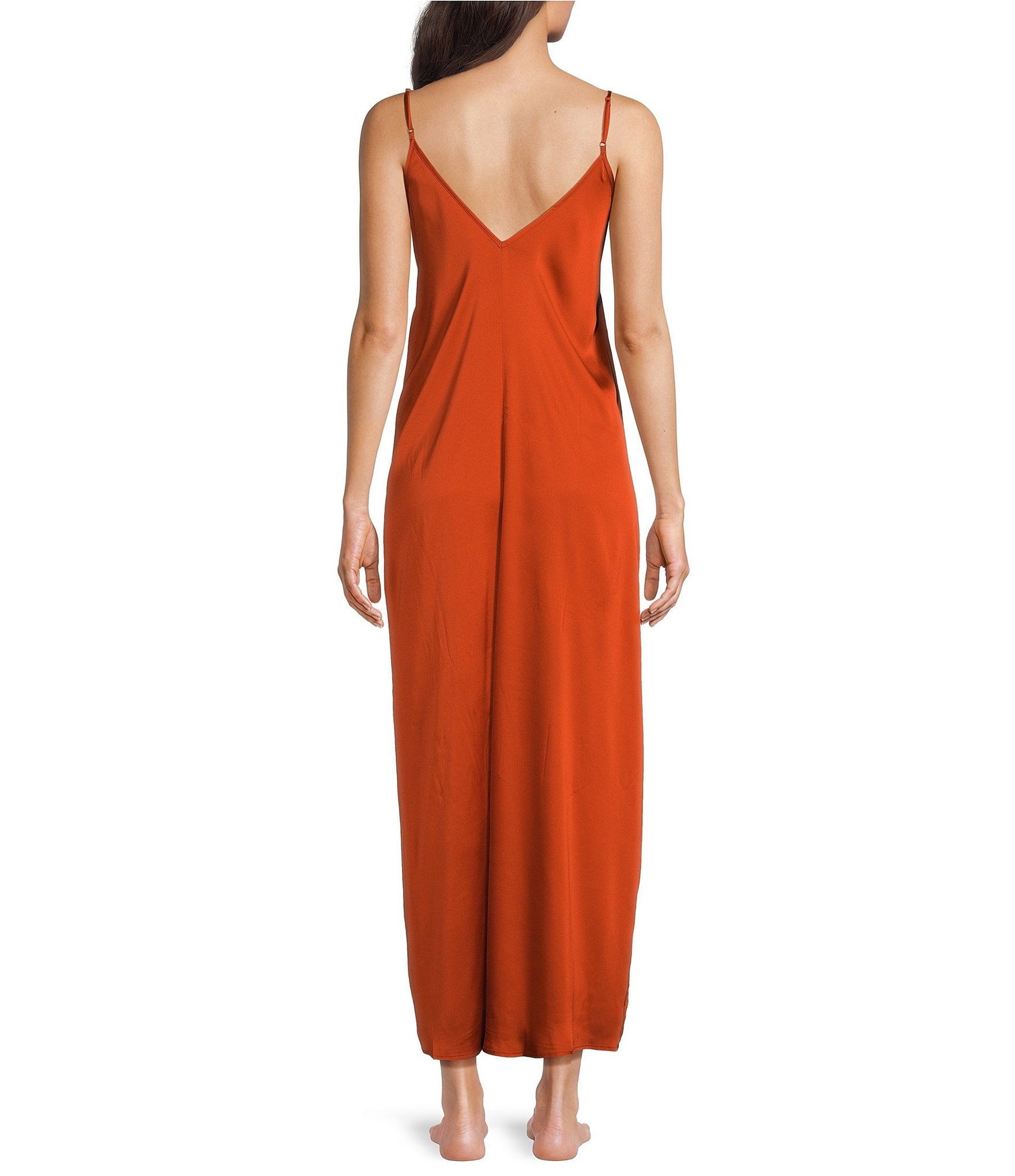 VAN WINKLE & CO. Solid Satin Side Slit V-Neck Sleeveless Maxi Chemise